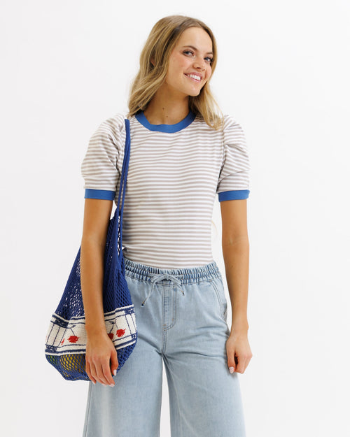 Blue Skies Ahead Top | Gathered Sleeve Striped Knit Top