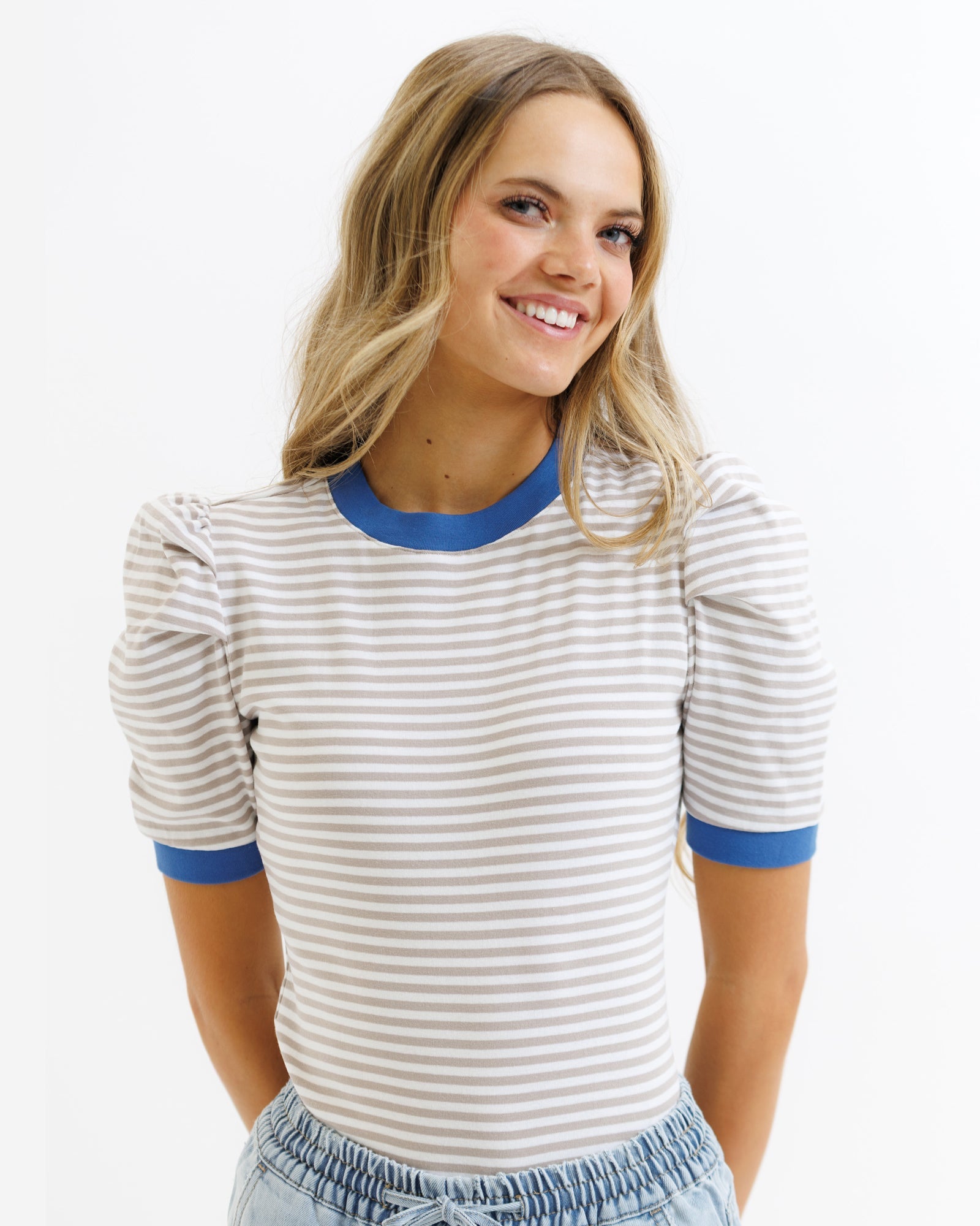 Blue Skies Ahead Top | Gathered Sleeve Striped Knit Top