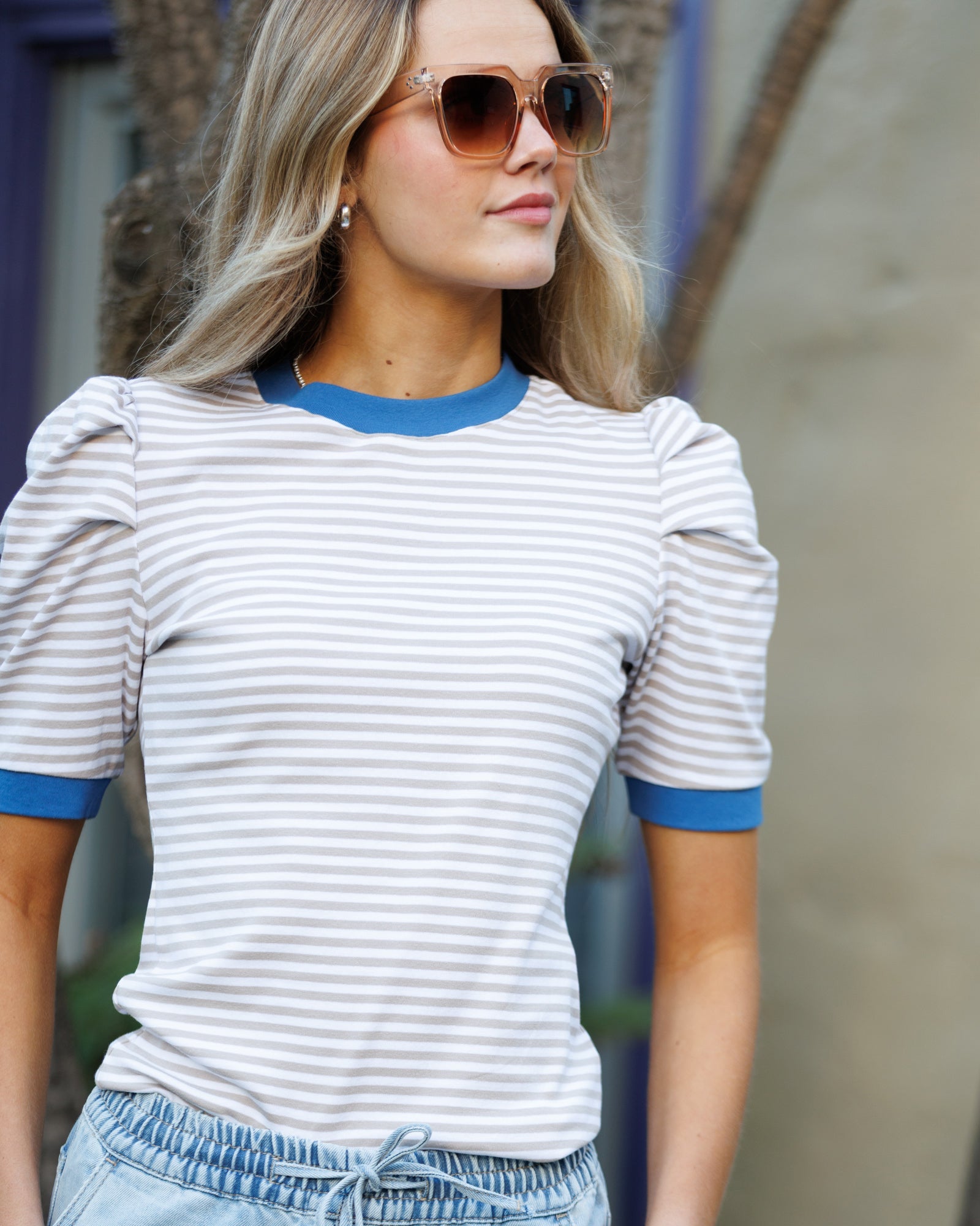 Blue Skies Ahead Top | Gathered Sleeve Striped Knit Top