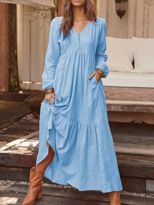 Retro Cotton Linen Long Sleeve Swing Dress | Maxi & Modest
