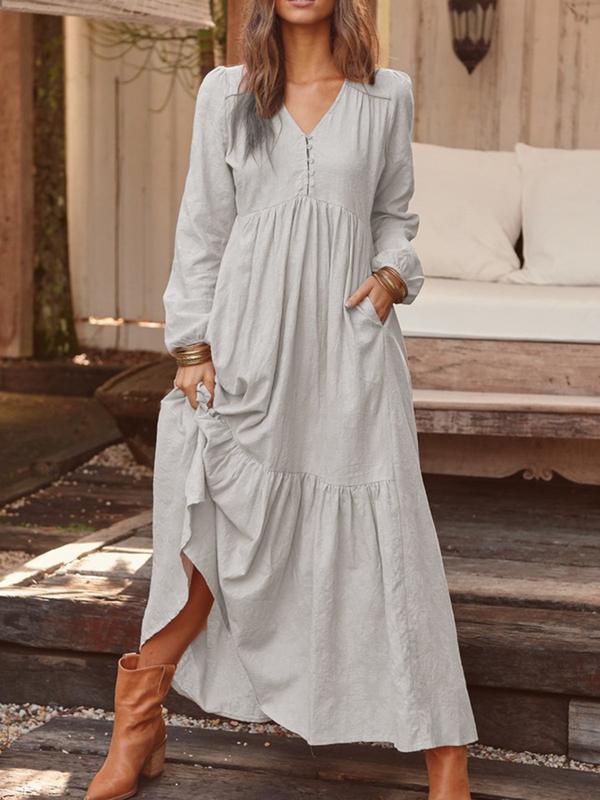 Retro Cotton Linen Long Sleeve Swing Dress | Maxi & Modest