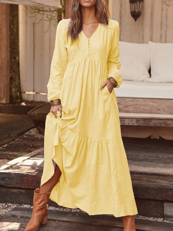 Retro Cotton Linen Long Sleeve Swing Dress | Maxi & Modest