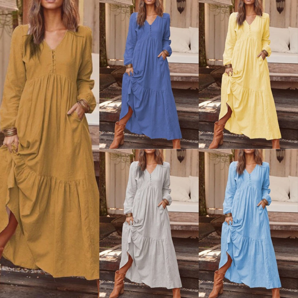 Retro Cotton Linen Long Sleeve Swing Dress | Maxi & Modest