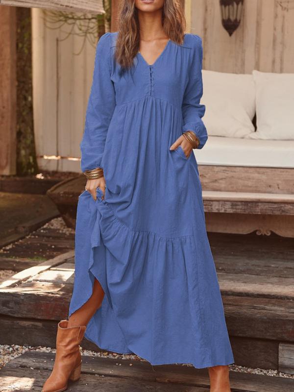 Retro Cotton Linen Long Sleeve Swing Dress | Maxi & Modest