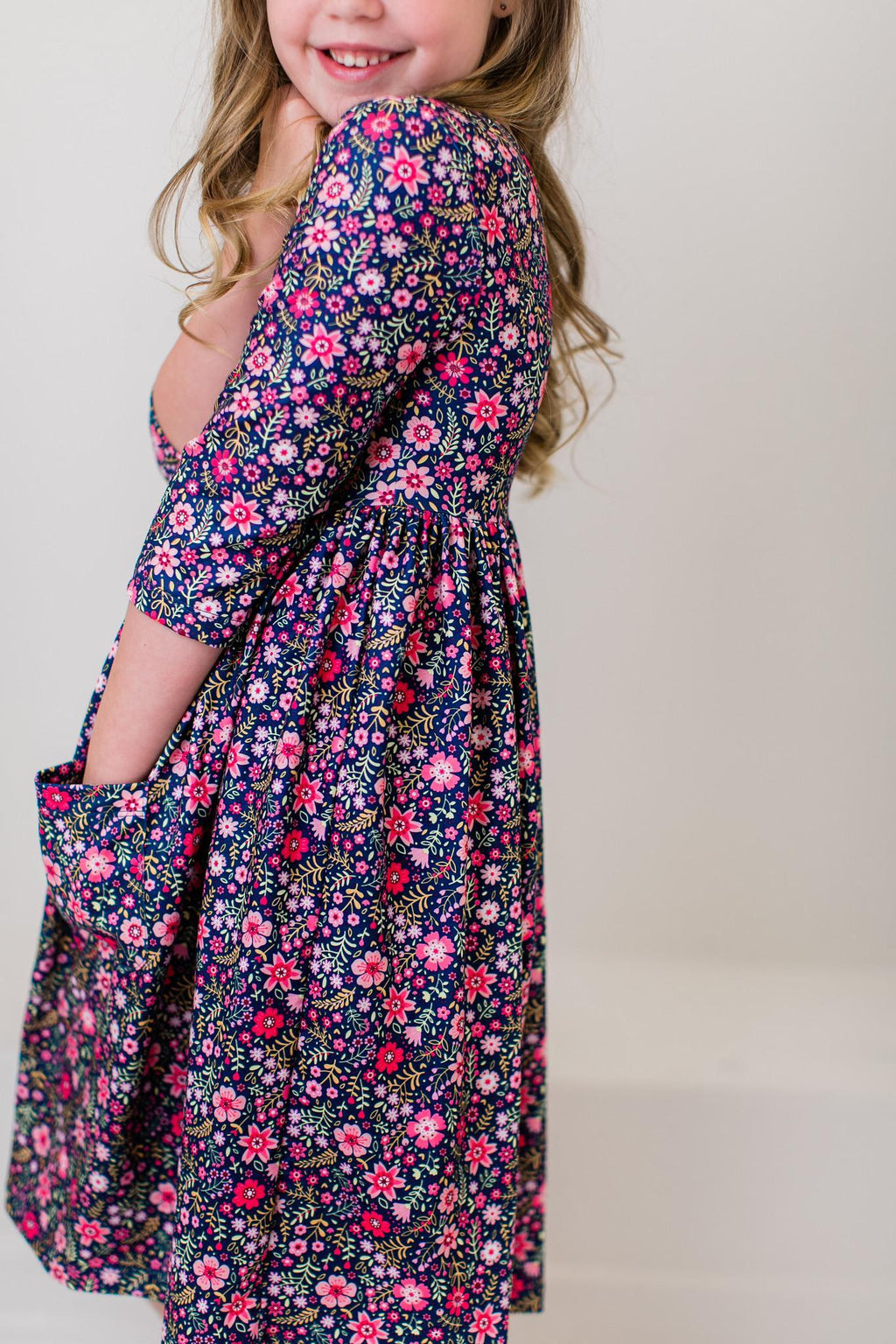 Flower Farm 3/4 Sleeve Pocket Twirl Dress | Girls 6M–10
