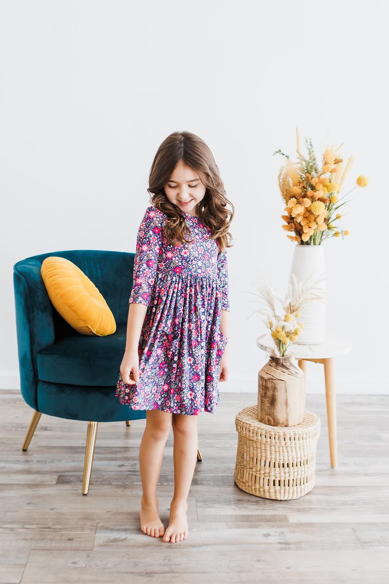 Flower Farm 3/4 Sleeve Pocket Twirl Dress | Girls 6M–10