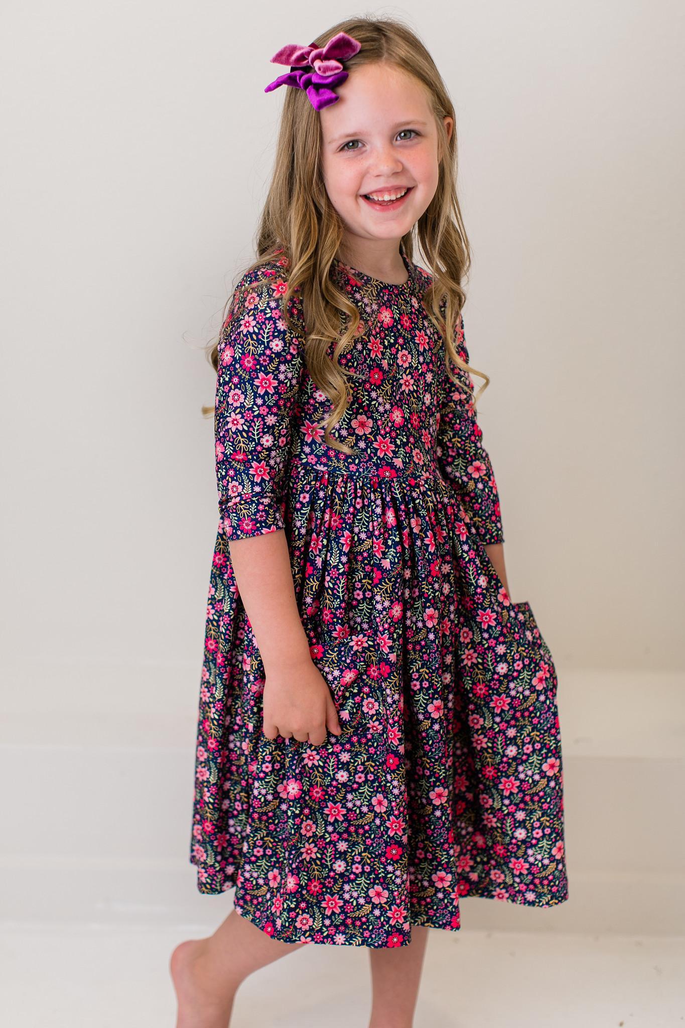 Flower Farm 3/4 Sleeve Pocket Twirl Dress | Girls 6M–10