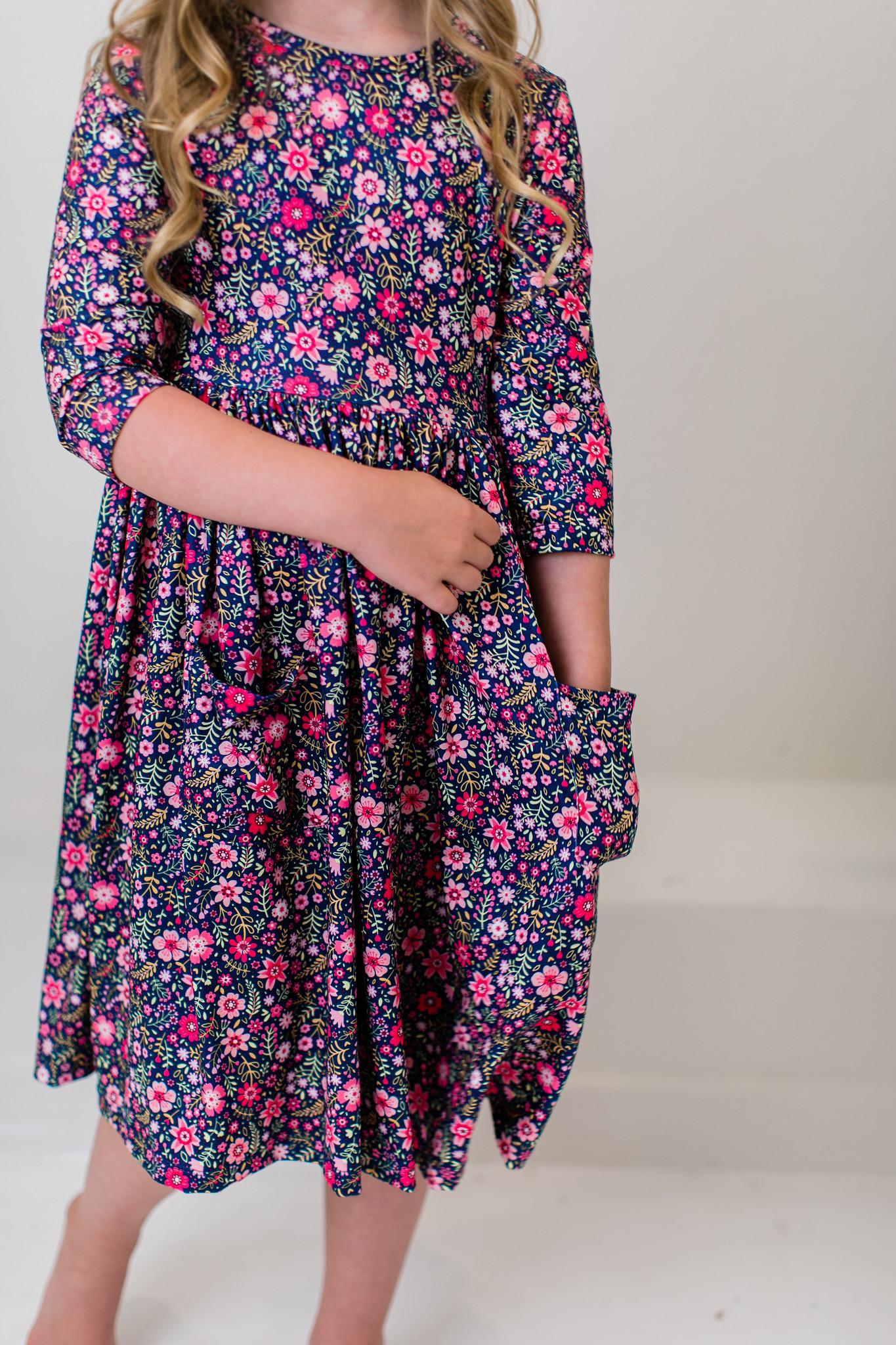 Flower Farm 3/4 Sleeve Pocket Twirl Dress | Girls 6M–10