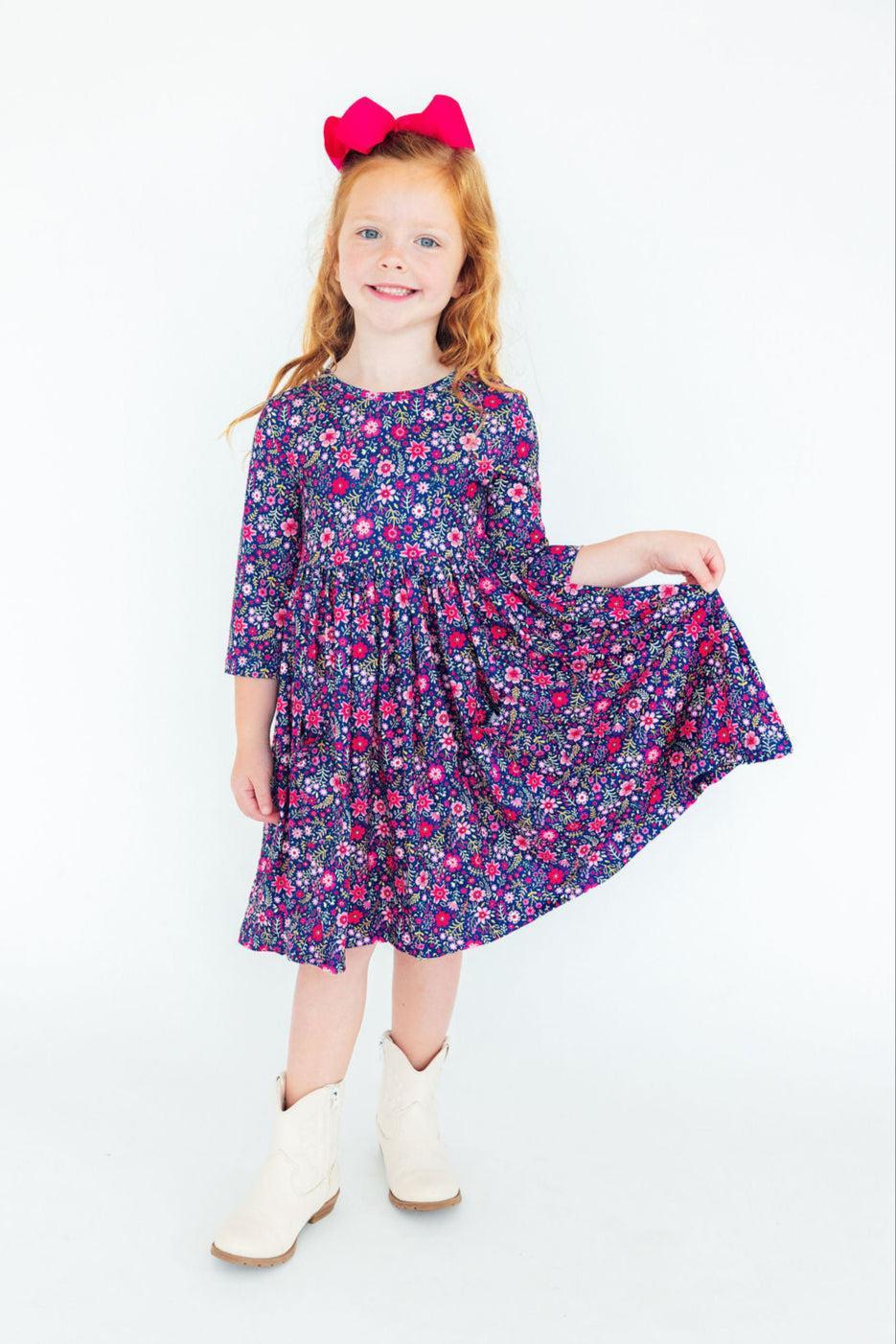 Flower Farm 3/4 Sleeve Pocket Twirl Dress | Girls 6M–10