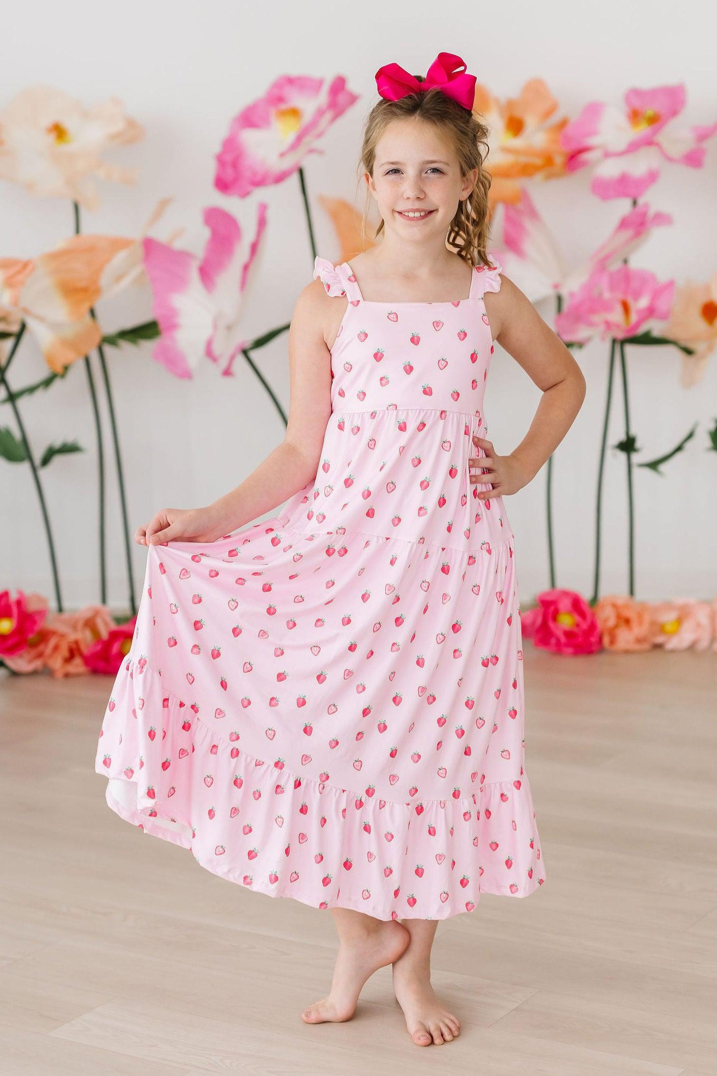 Sweet Strawberries Ruffle Maxi Dress | Girls Sizes 2T–12