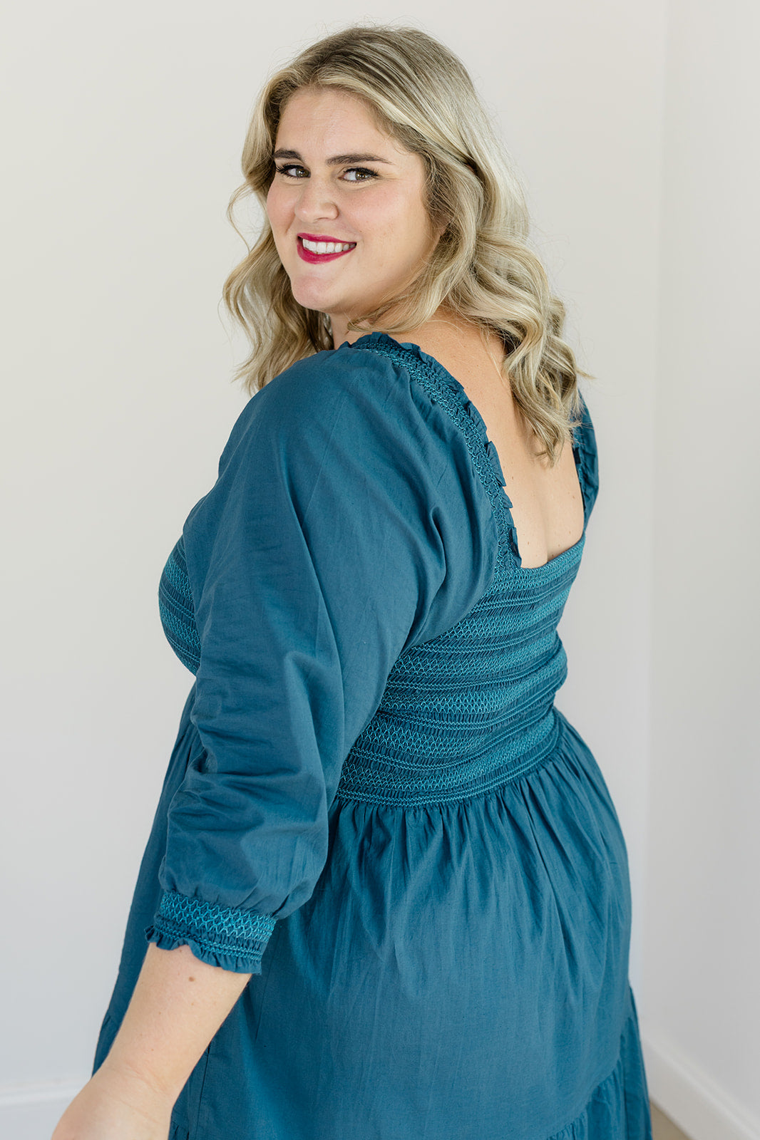 The Jenna Dress in Teal | Embroidered Smocked Midi Dress with Pockets
