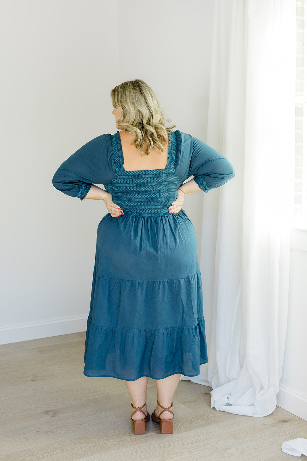 The Jenna Dress in Teal | Embroidered Smocked Midi Dress with Pockets