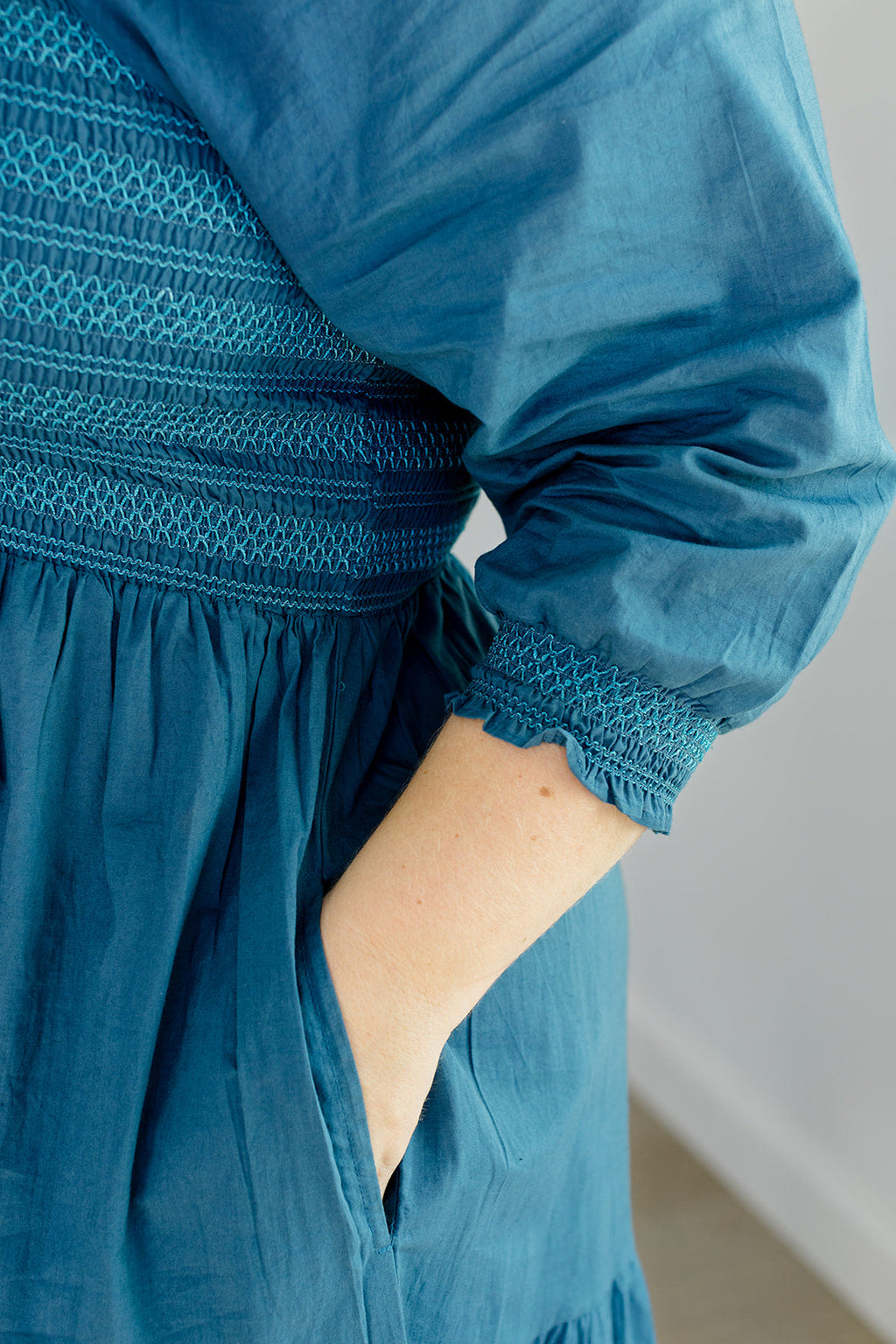 The Jenna Dress in Teal | Embroidered Smocked Midi Dress with Pockets