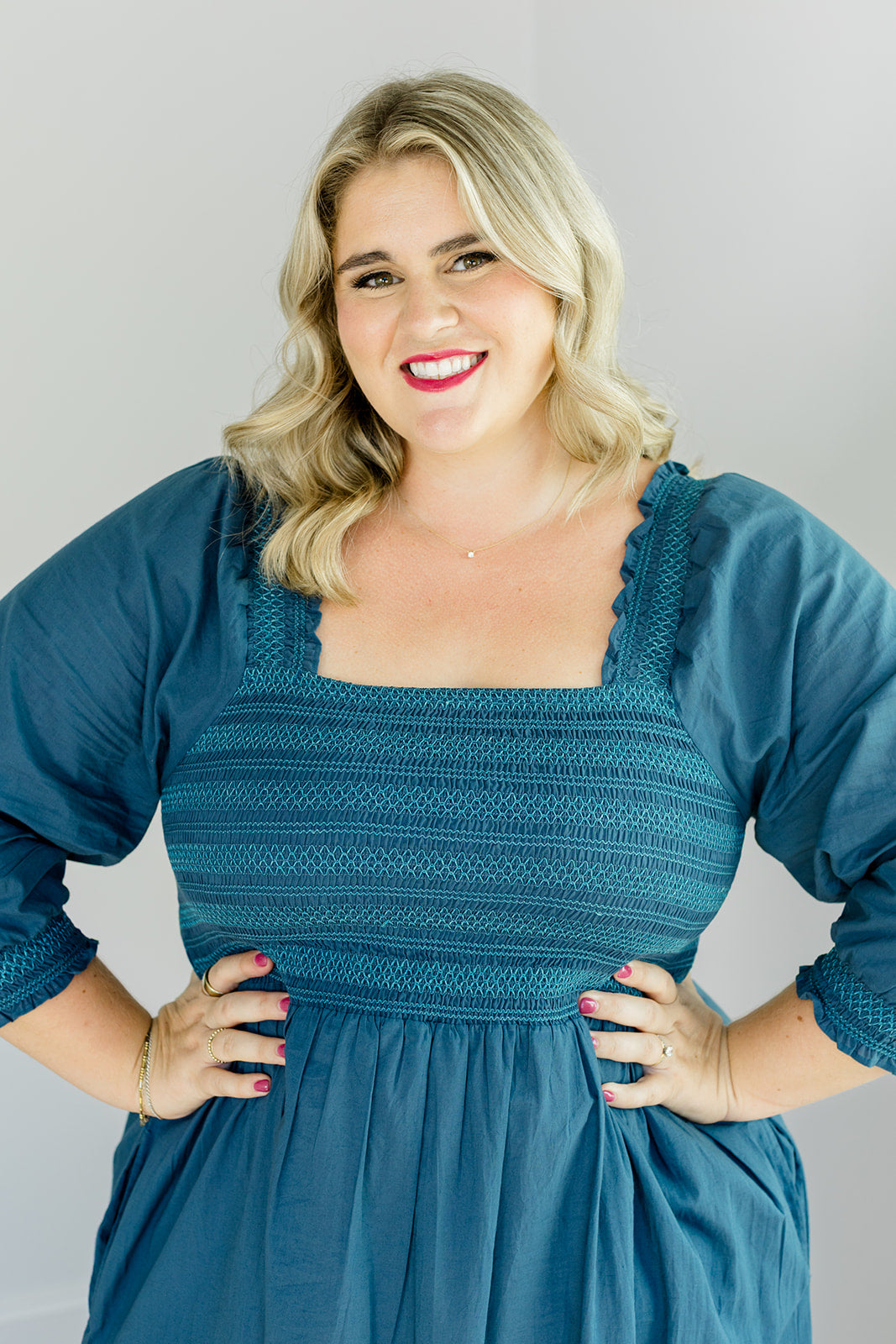 The Jenna Dress in Teal | Embroidered Smocked Midi Dress with Pockets