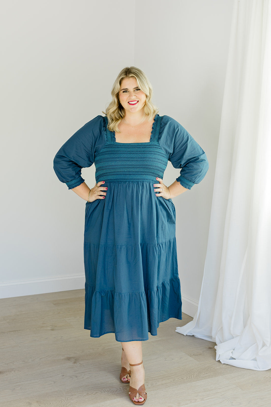 The Jenna Dress in Teal | Embroidered Smocked Midi Dress with Pockets