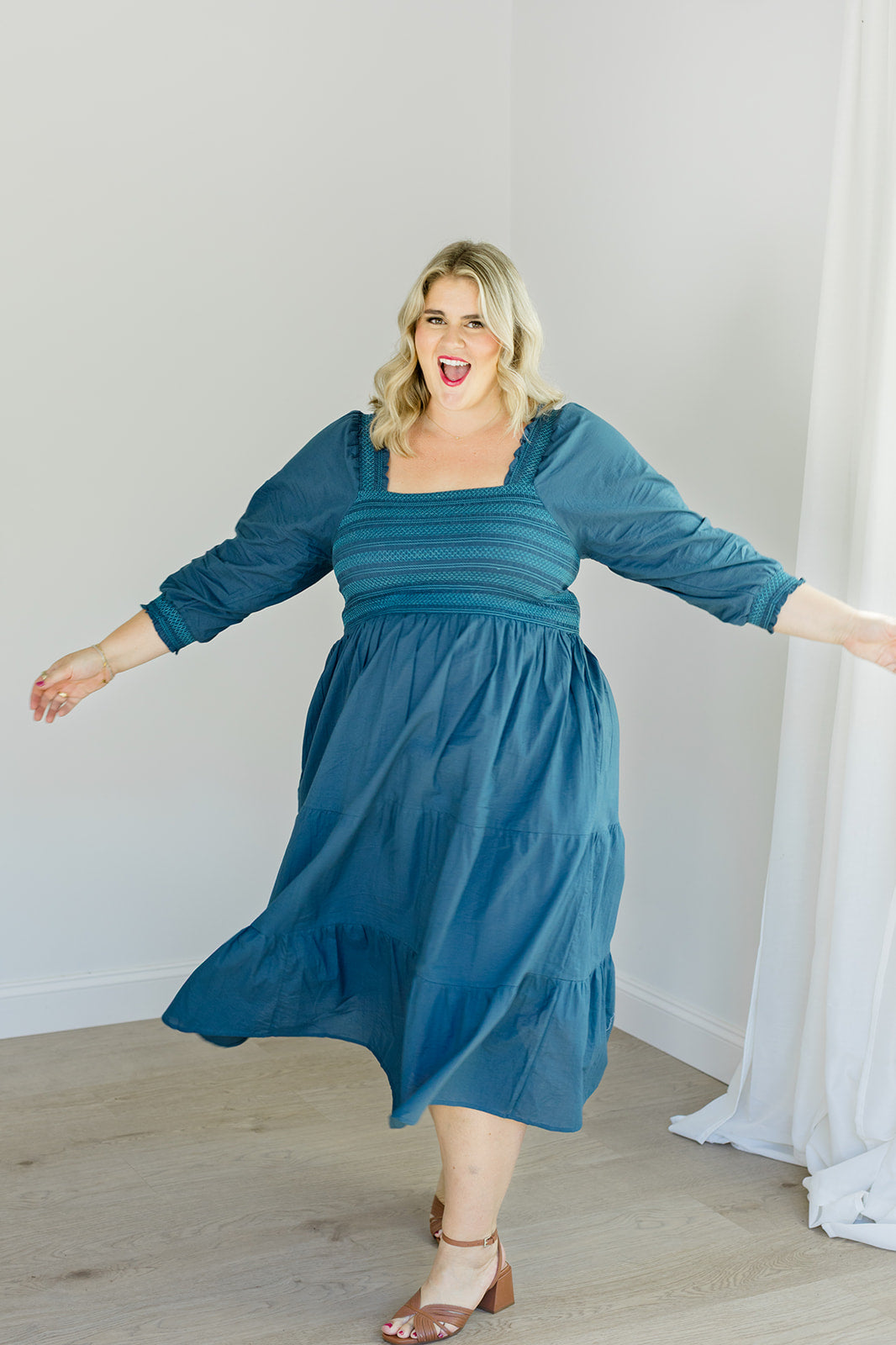 The Jenna Dress in Teal | Embroidered Smocked Midi Dress with Pockets