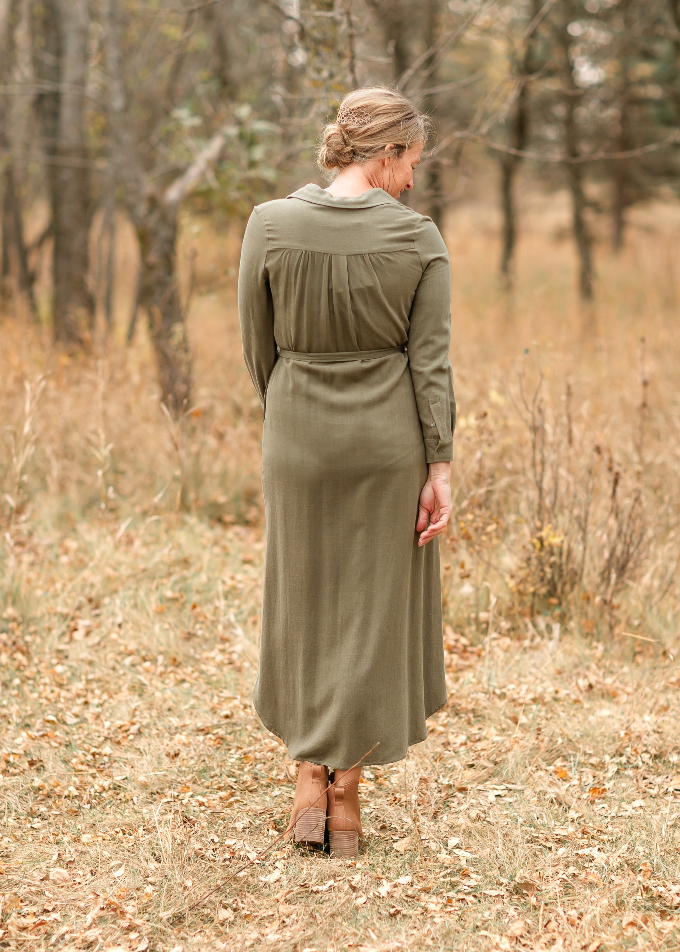 Essential Olive Linen Shirt Dress | Long Sleeve & Nursing-Friendly