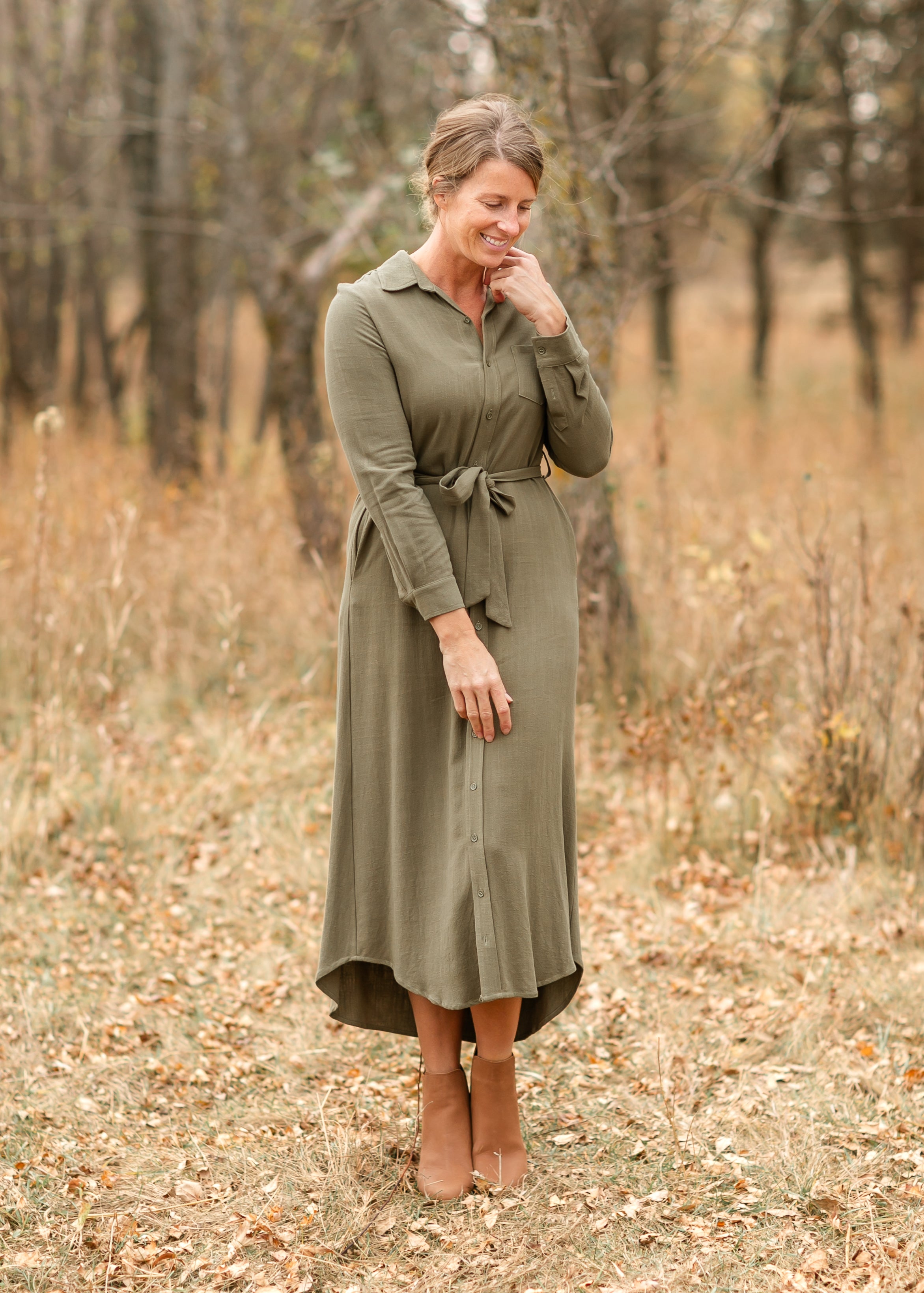 Essential Olive Linen Shirt Dress | Long Sleeve & Nursing-Friendly