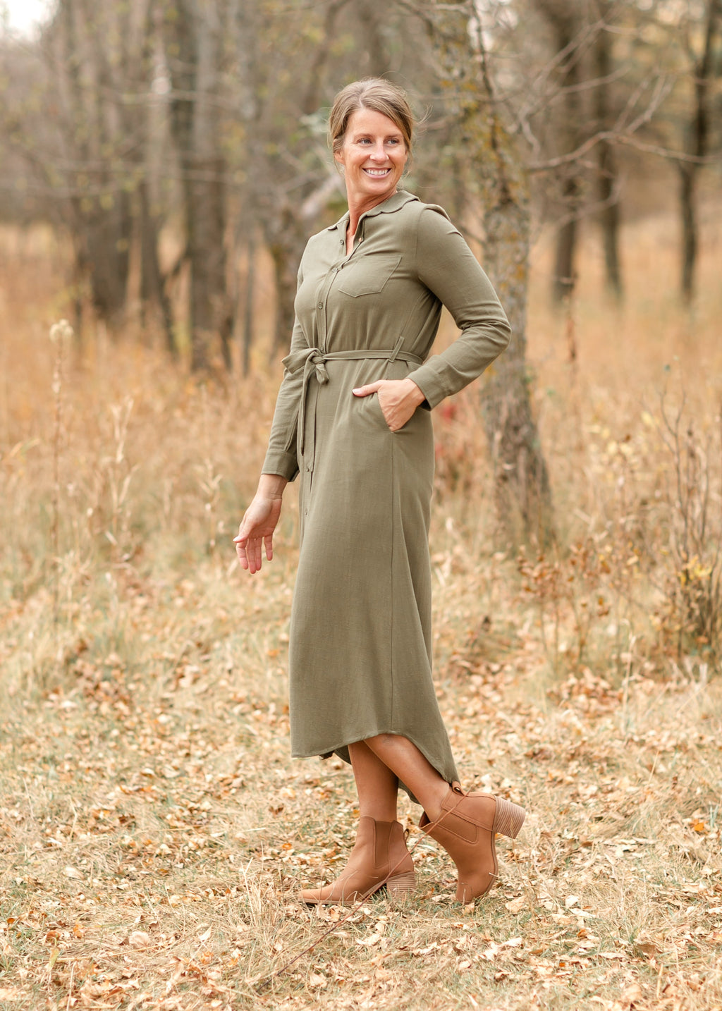 Essential Olive Linen Shirt Dress | Long Sleeve & Nursing-Friendly
