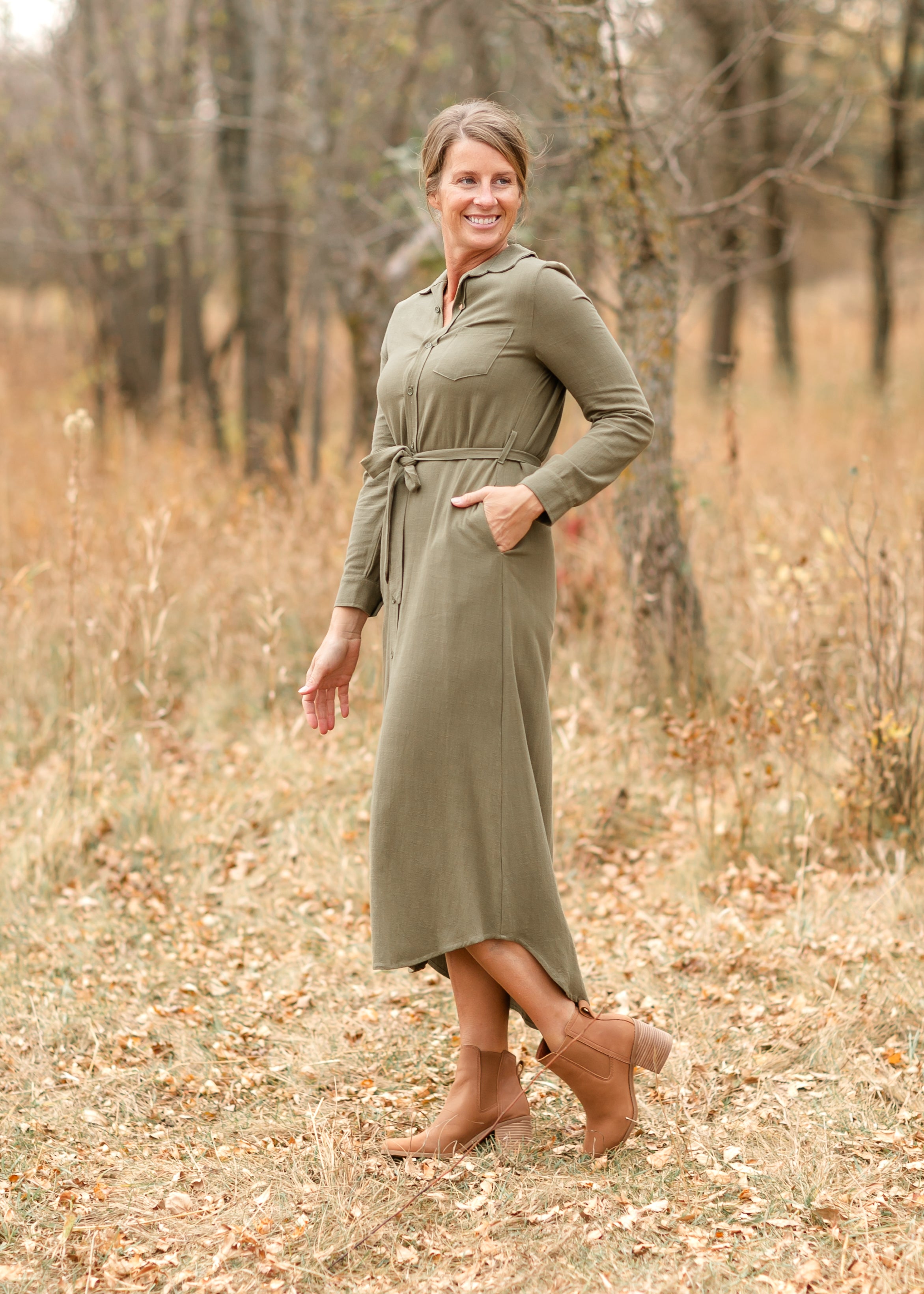 Essential Olive Linen Shirt Dress | Long Sleeve & Nursing-Friendly