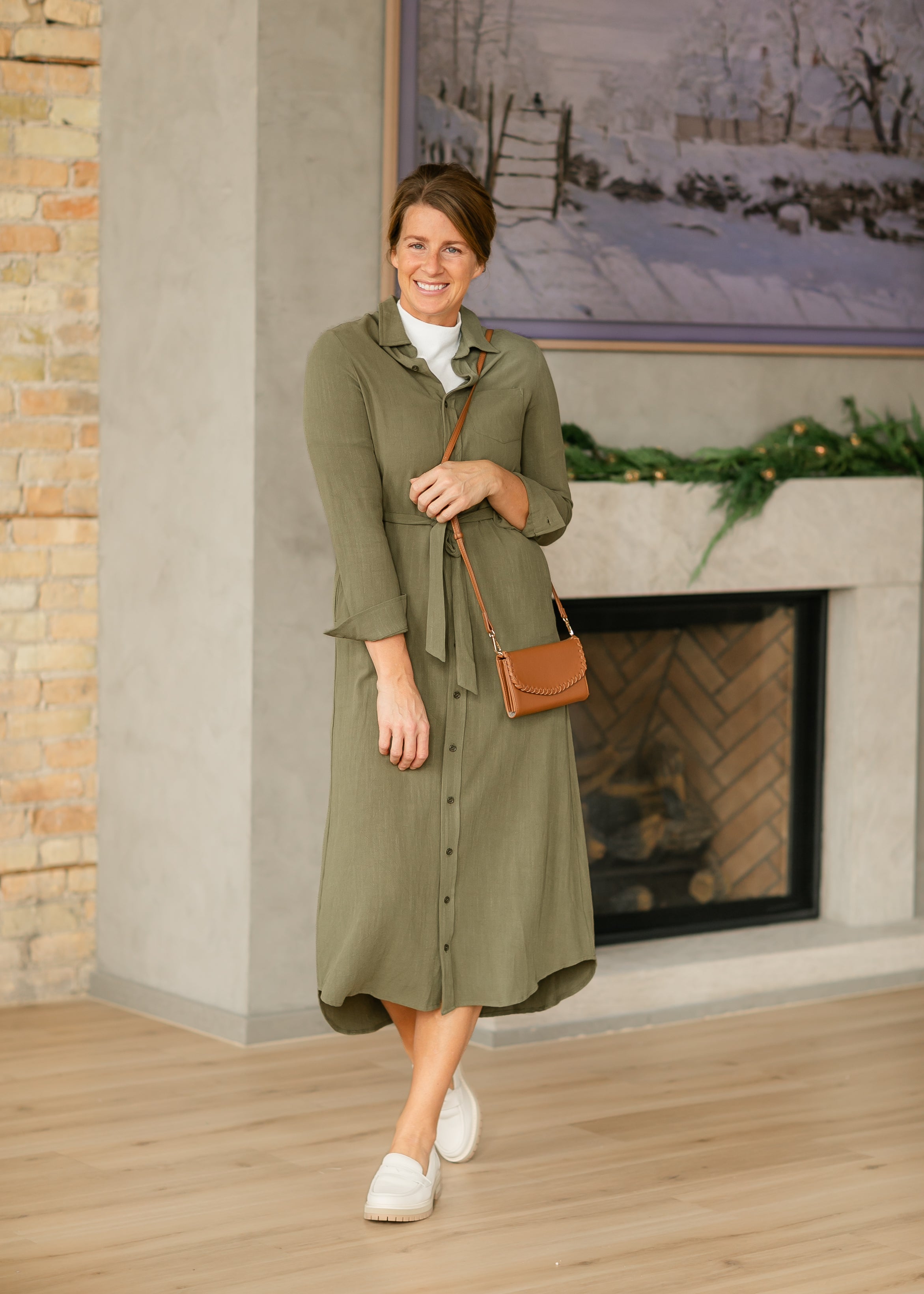 Essential Olive Linen Shirt Dress | Long Sleeve & Nursing-Friendly