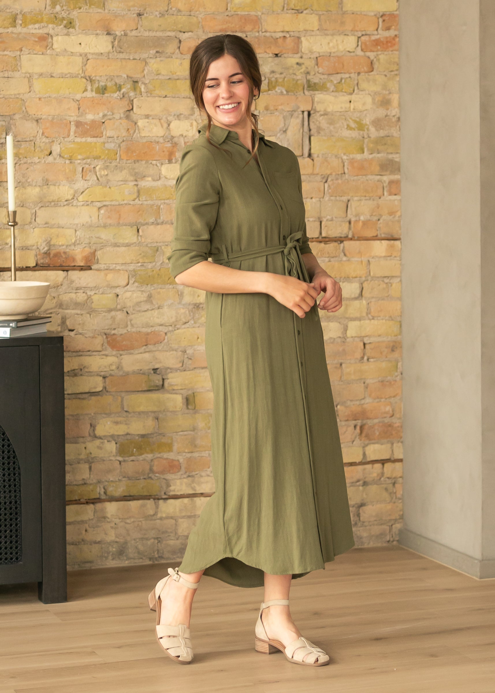 Essential Olive Linen Shirt Dress | Long Sleeve & Nursing-Friendly