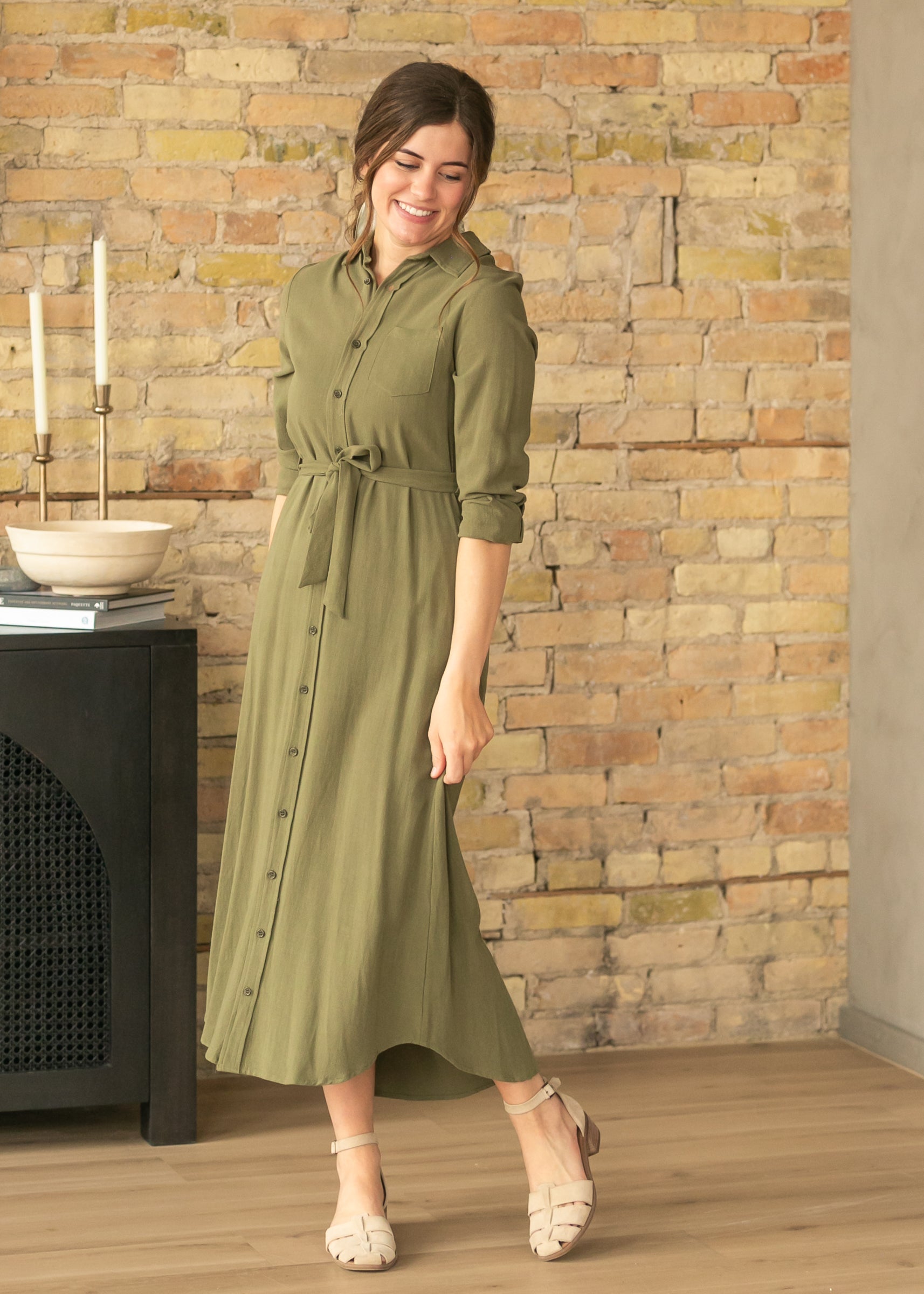 Essential Olive Linen Shirt Dress | Long Sleeve & Nursing-Friendly