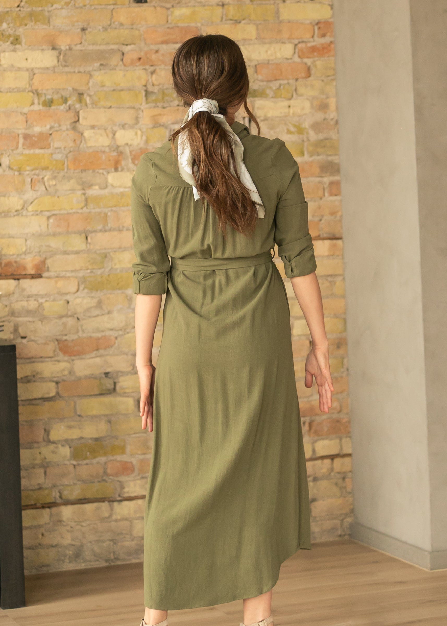 Essential Olive Linen Shirt Dress | Long Sleeve & Nursing-Friendly