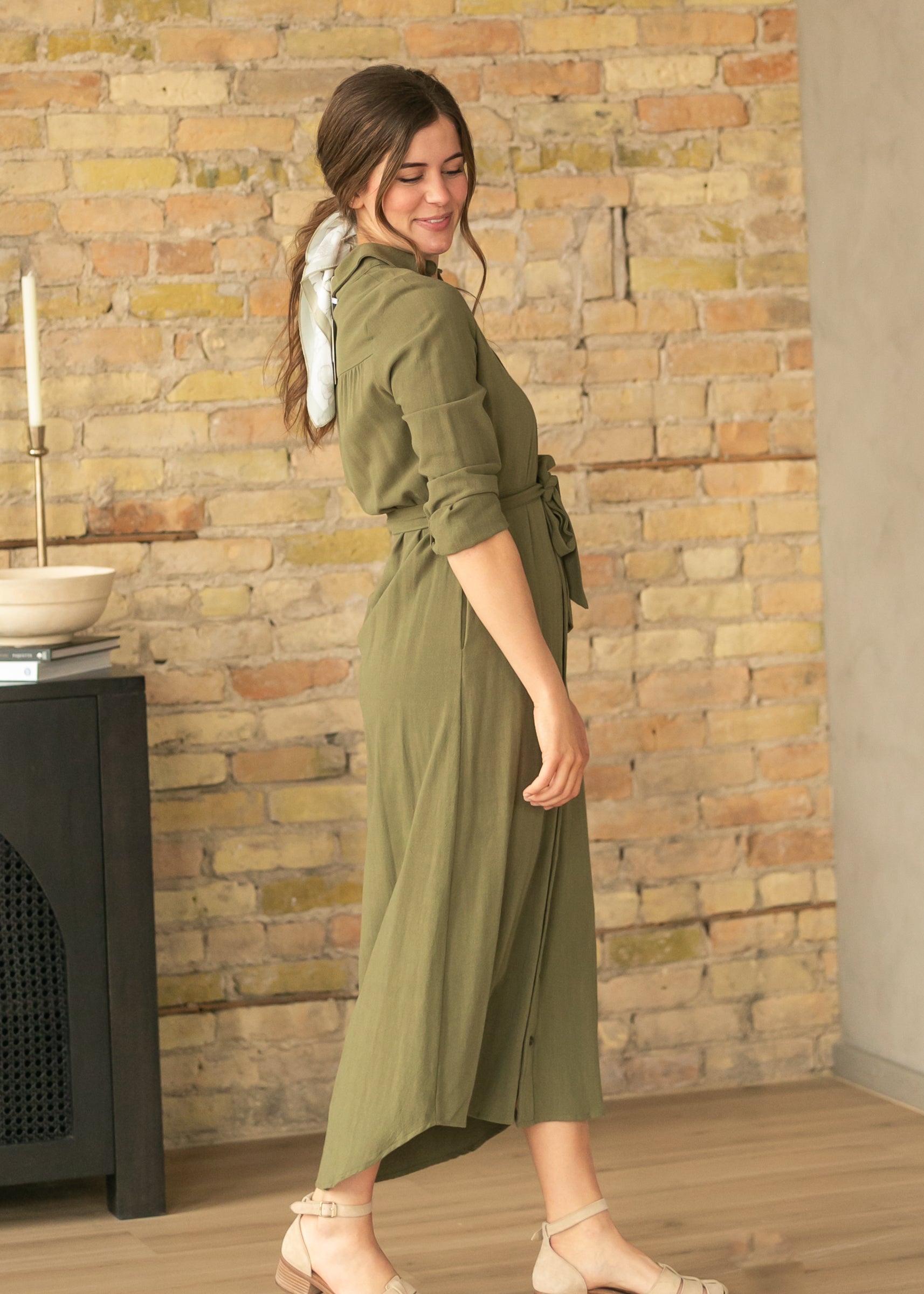 Essential Olive Linen Shirt Dress | Long Sleeve & Nursing-Friendly