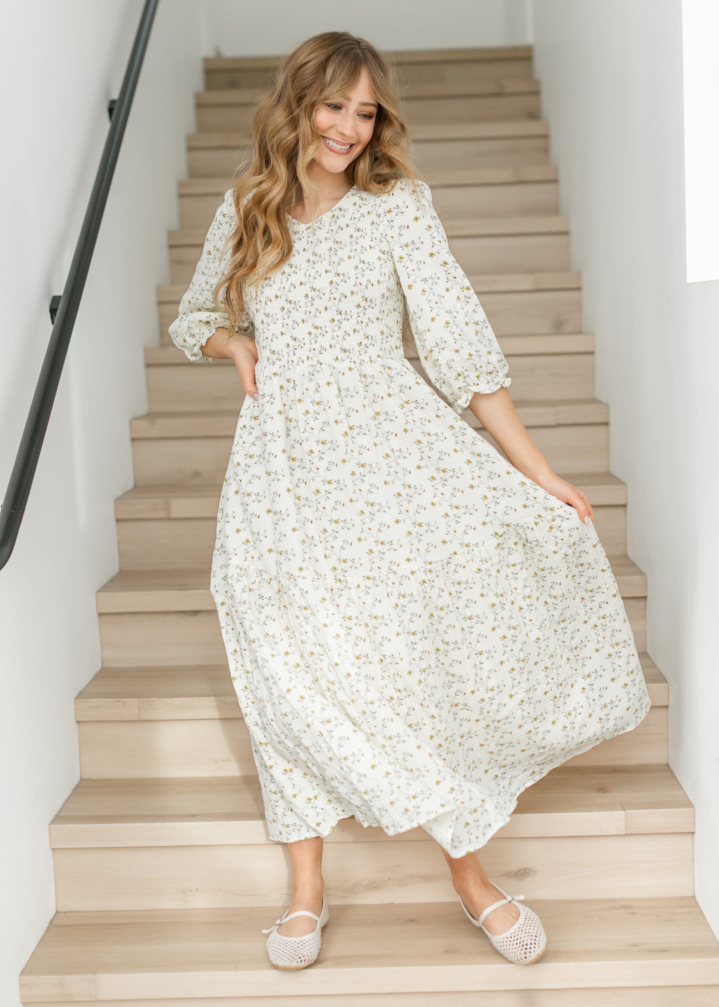 Flora Smocked Midi Dress | 3/4 Puff Sleeve & Pockets