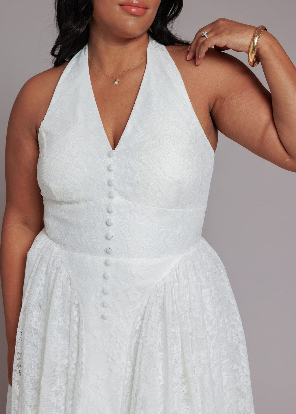 Harlow Lace Midi Dress | White Halter Floral Lace