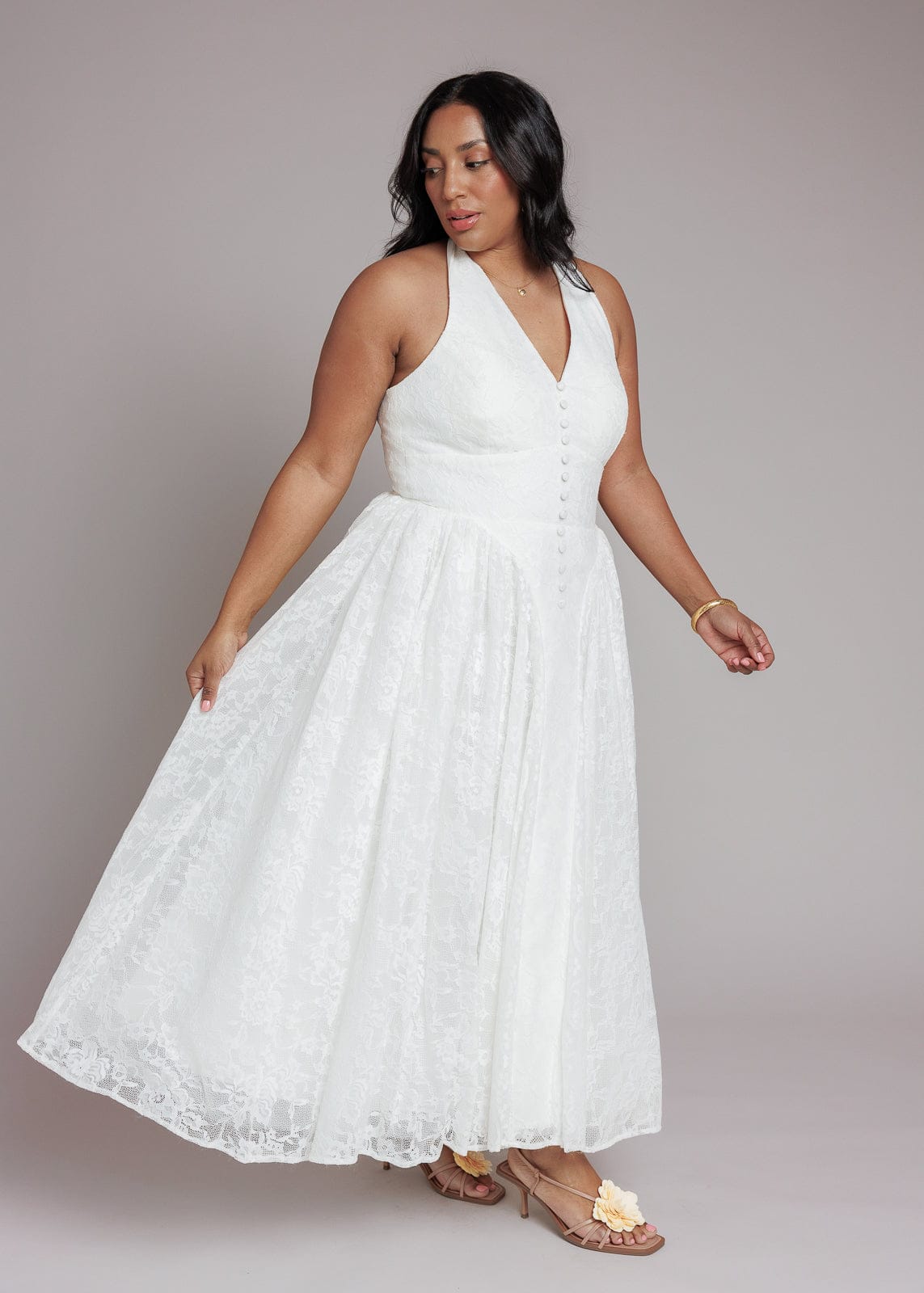 Harlow Lace Midi Dress | White Halter Floral Lace