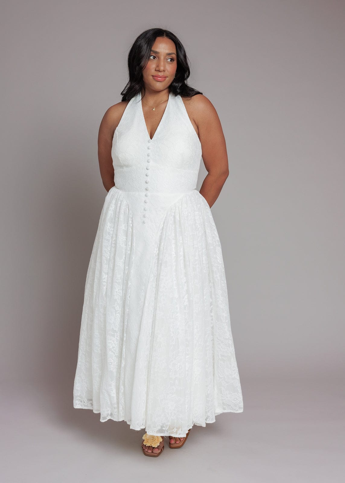 Harlow Lace Midi Dress | White Halter Floral Lace