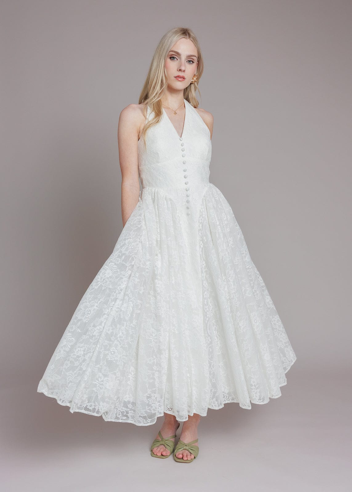 Harlow Lace Midi Dress | White Halter Floral Lace