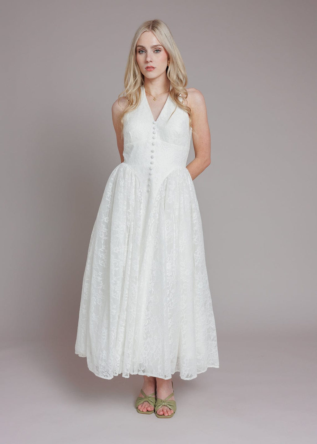 Harlow Lace Midi Dress | White Halter Floral Lace