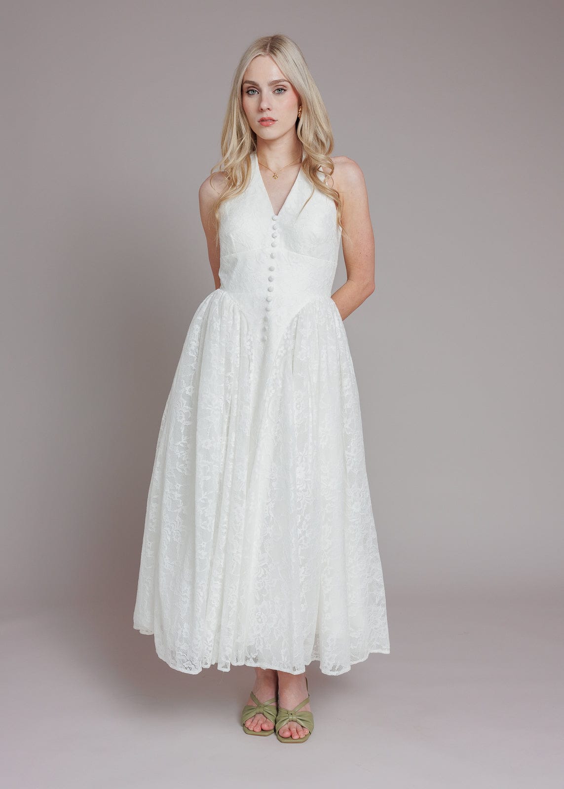 Harlow Lace Midi Dress | White Halter Floral Lace
