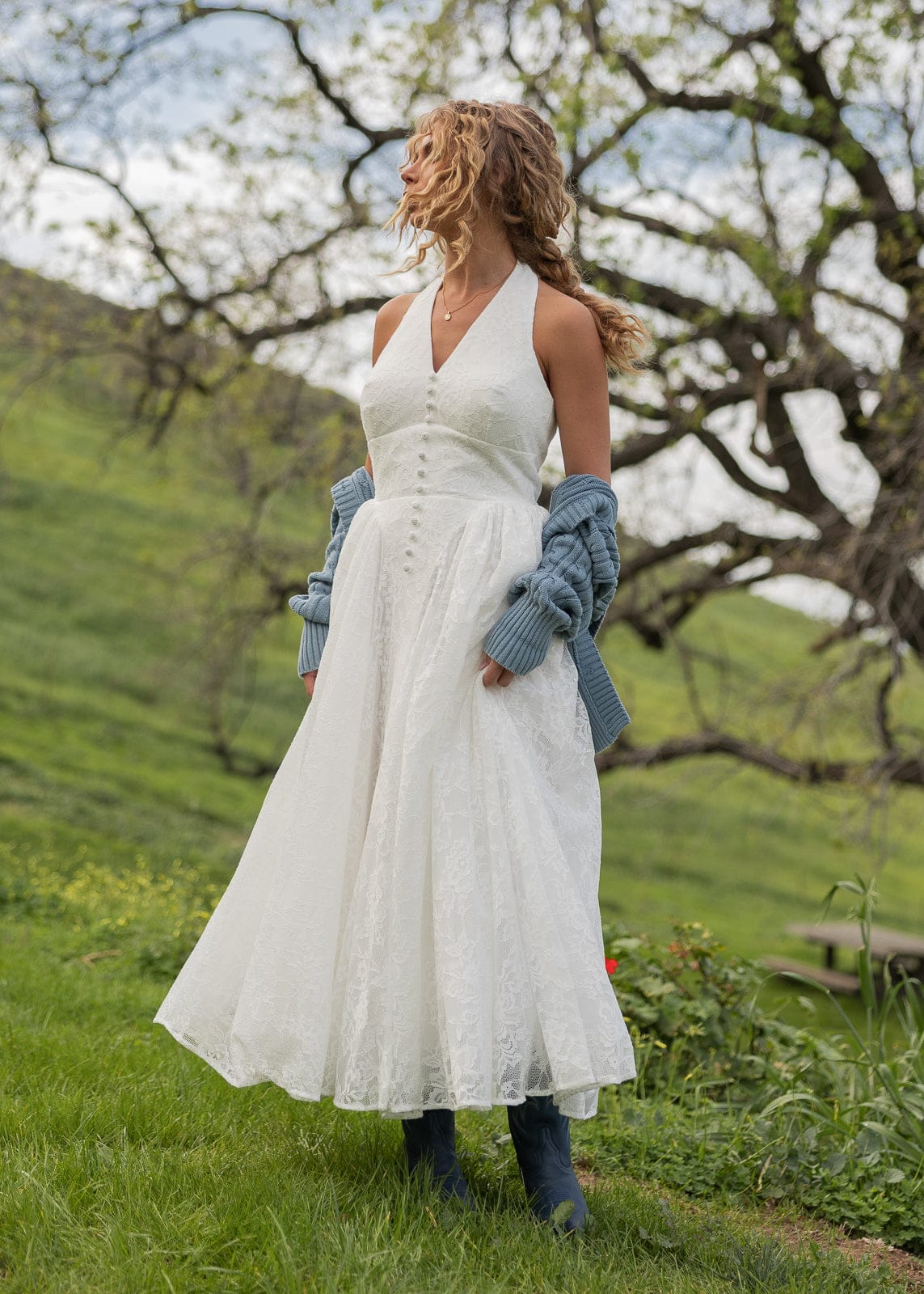 Harlow Lace Midi Dress | White Halter Floral Lace