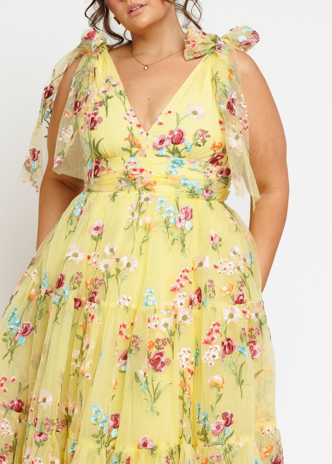 Margaret Floral Embroidered Midi Dress Yellow