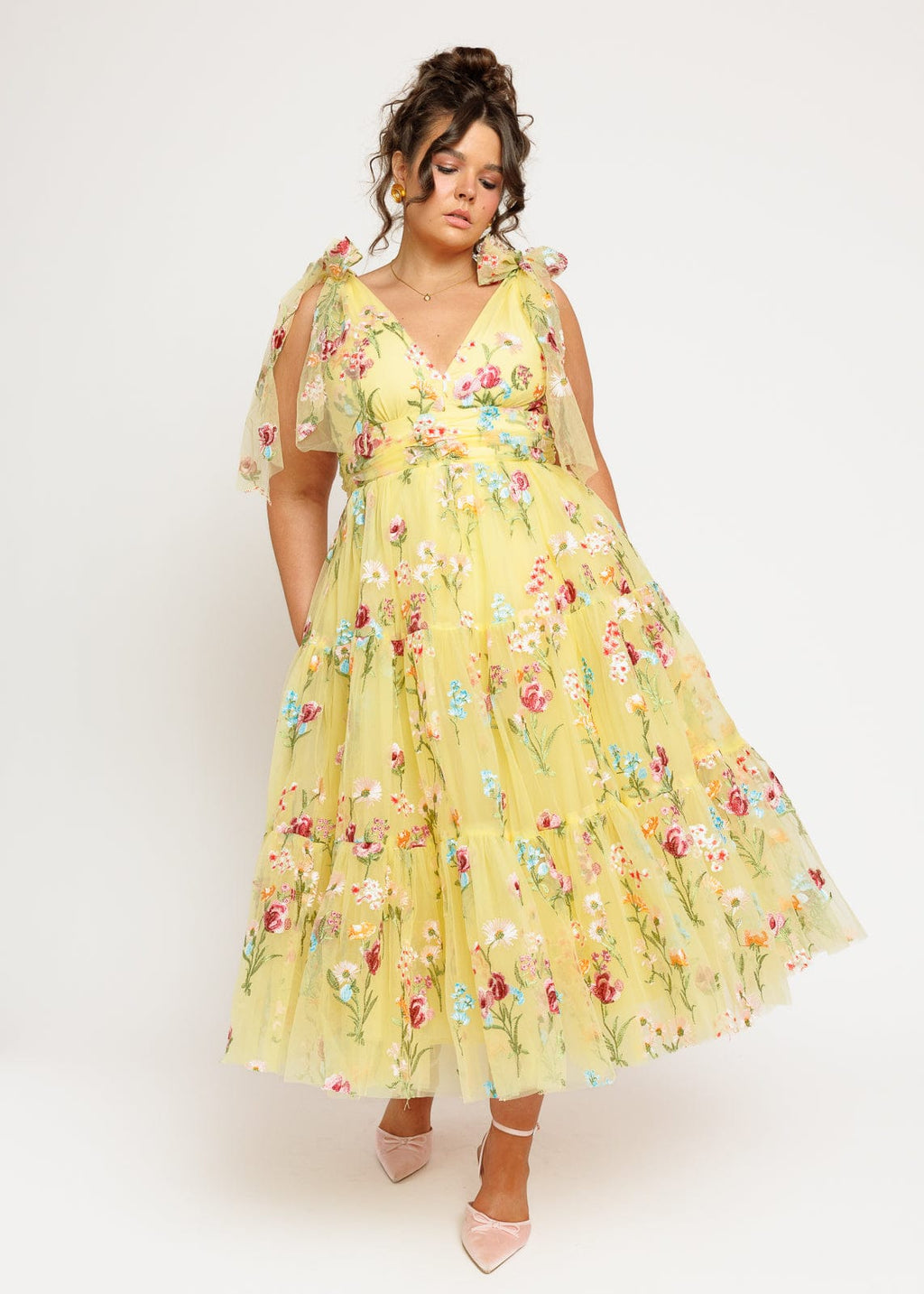 Margaret Floral Midi Dress | Yellow Embroidered
