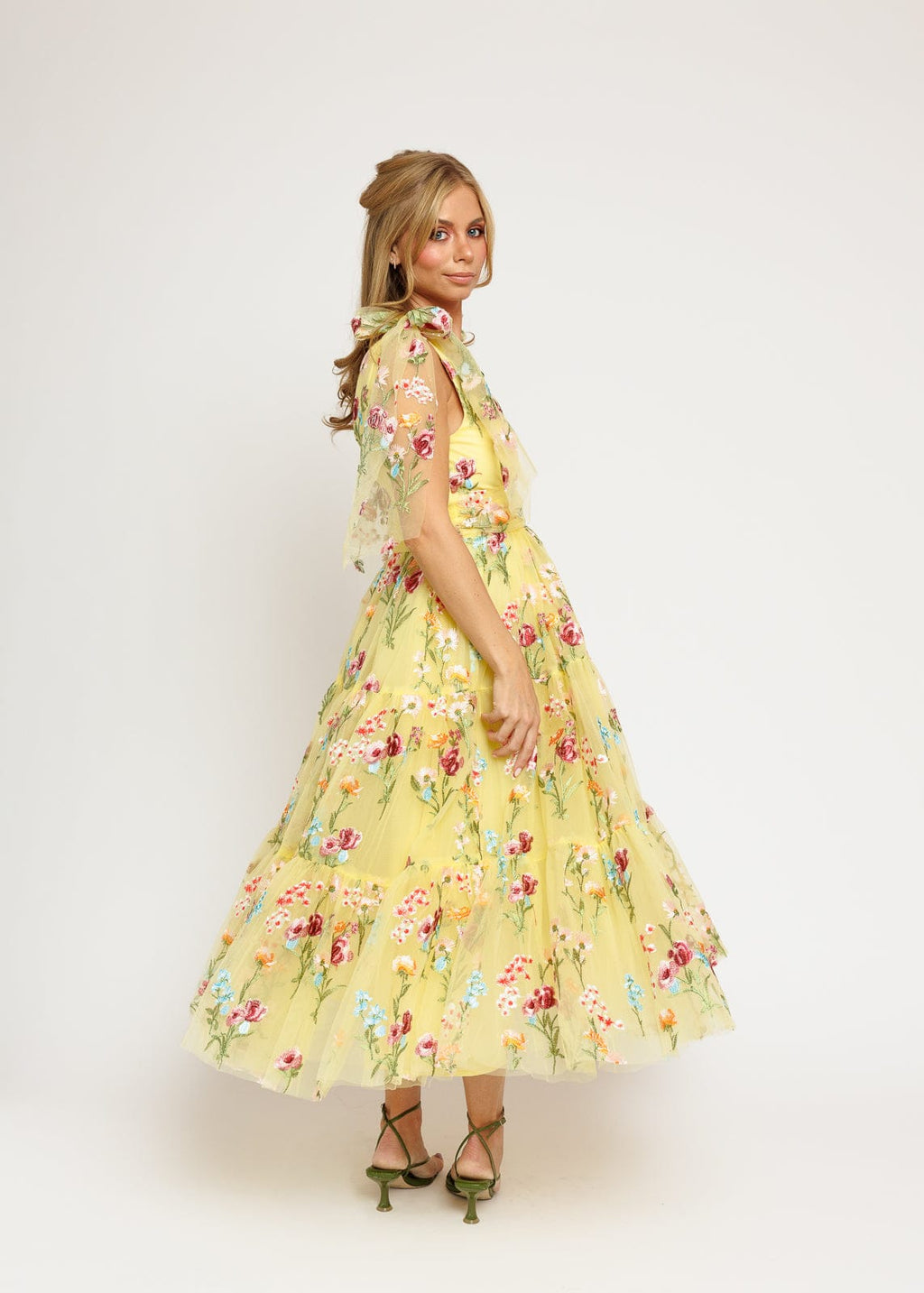 Margaret Floral Midi Dress | Yellow Embroidered