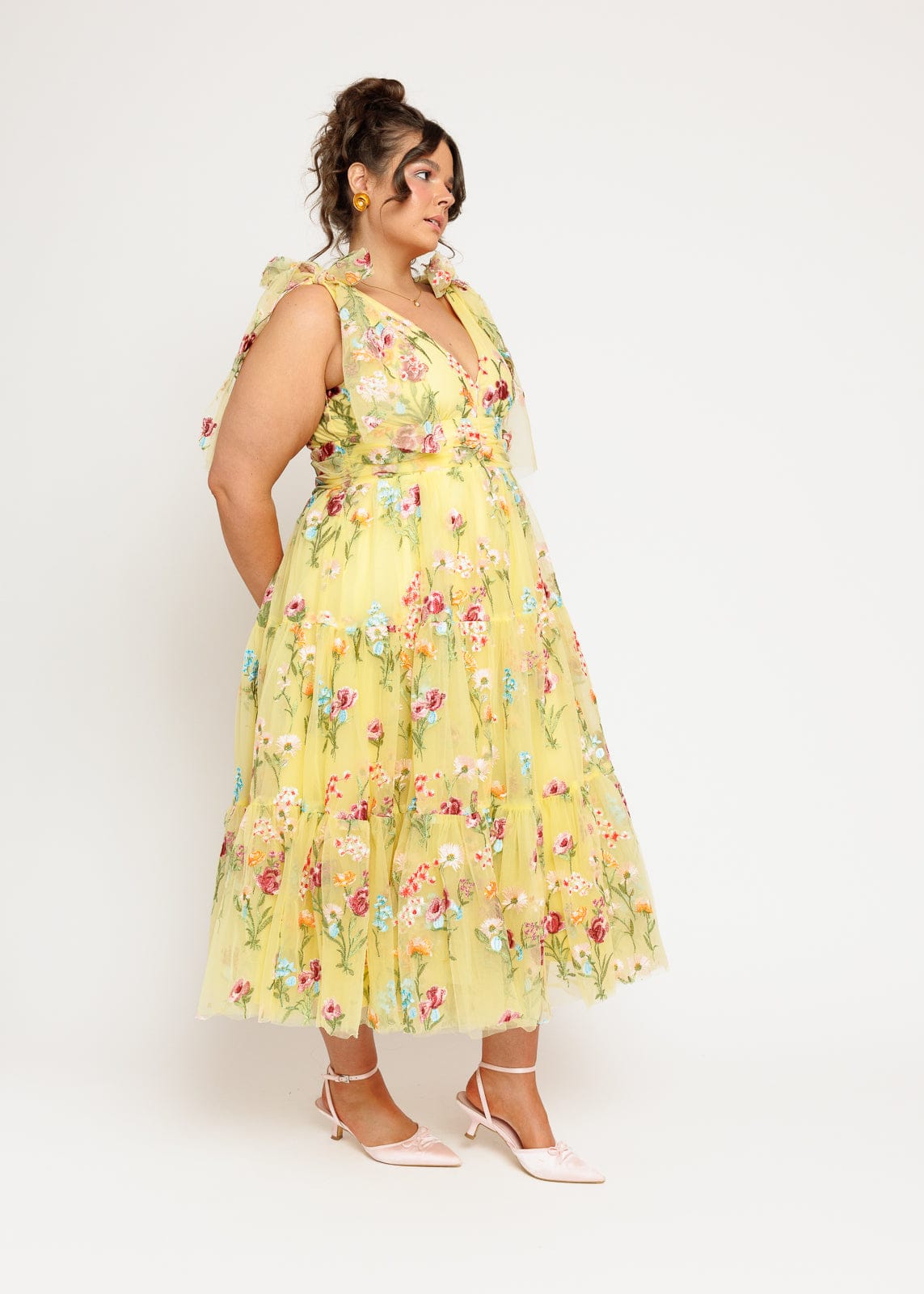 Margaret Floral Midi Dress | Yellow Embroidered