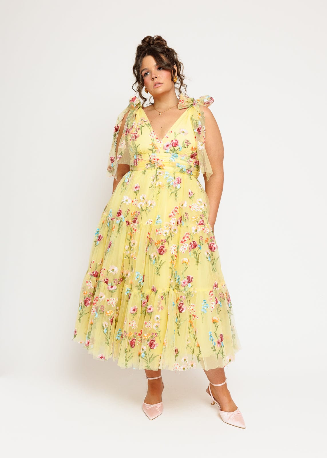 Margaret Floral Embroidered Midi Dress Yellow