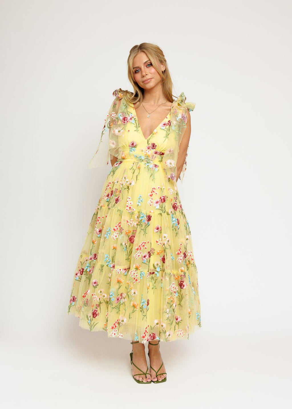 Margaret Floral Midi Dress | Yellow Embroidered