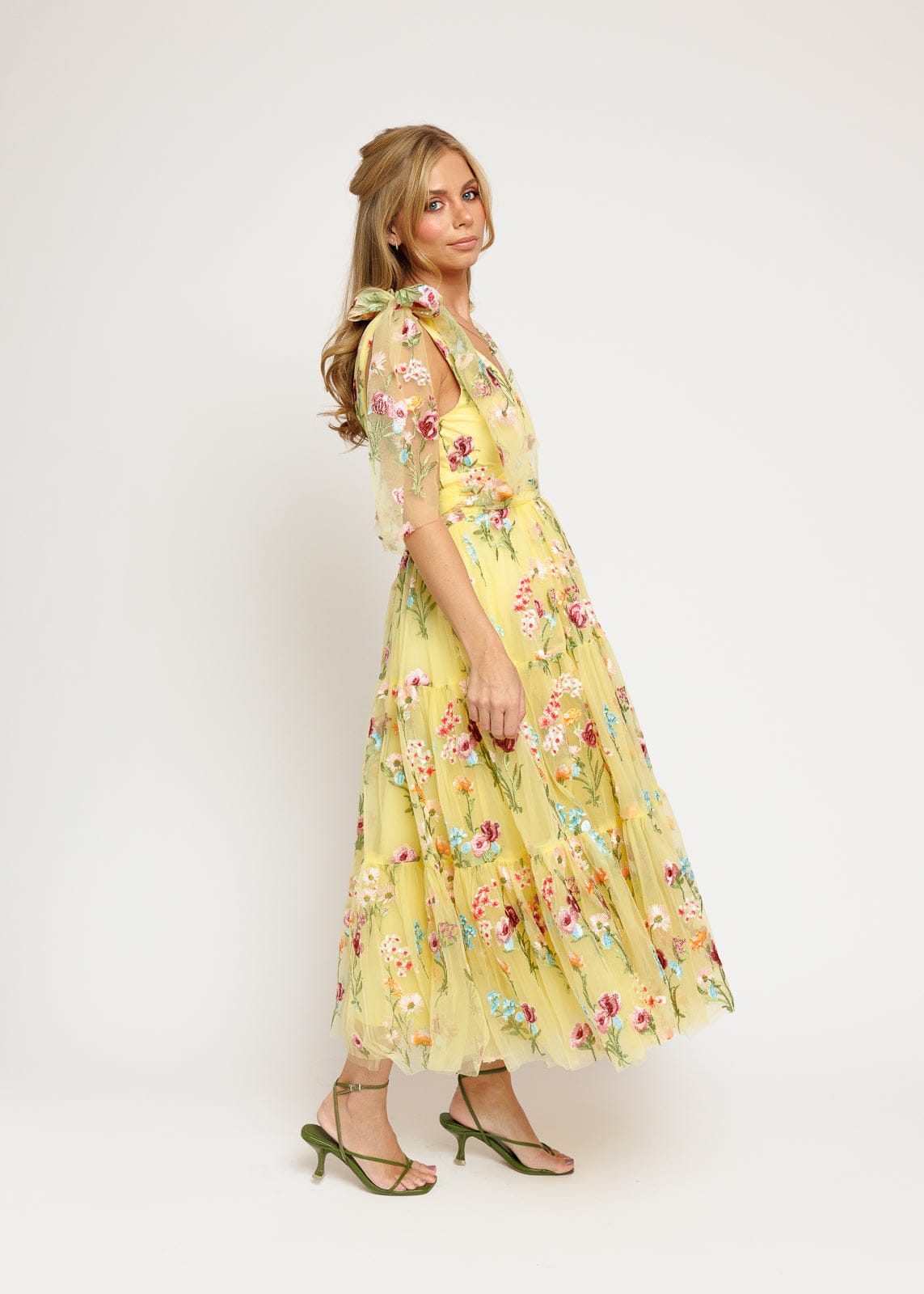 Margaret Floral Embroidered Midi Dress Yellow