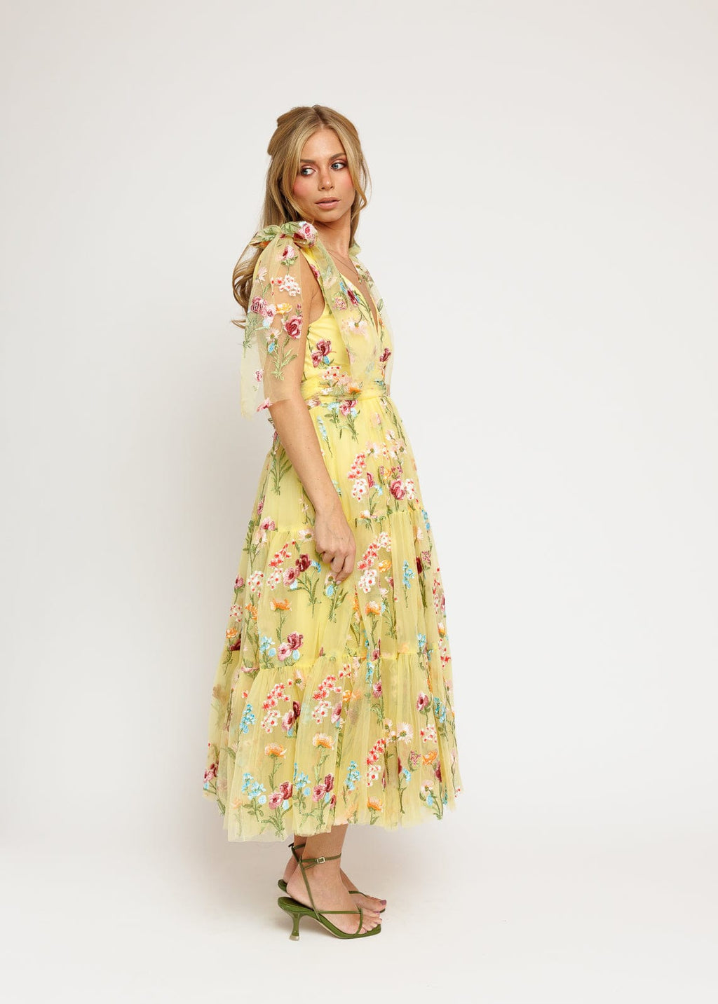 Margaret Floral Midi Dress | Yellow Embroidered