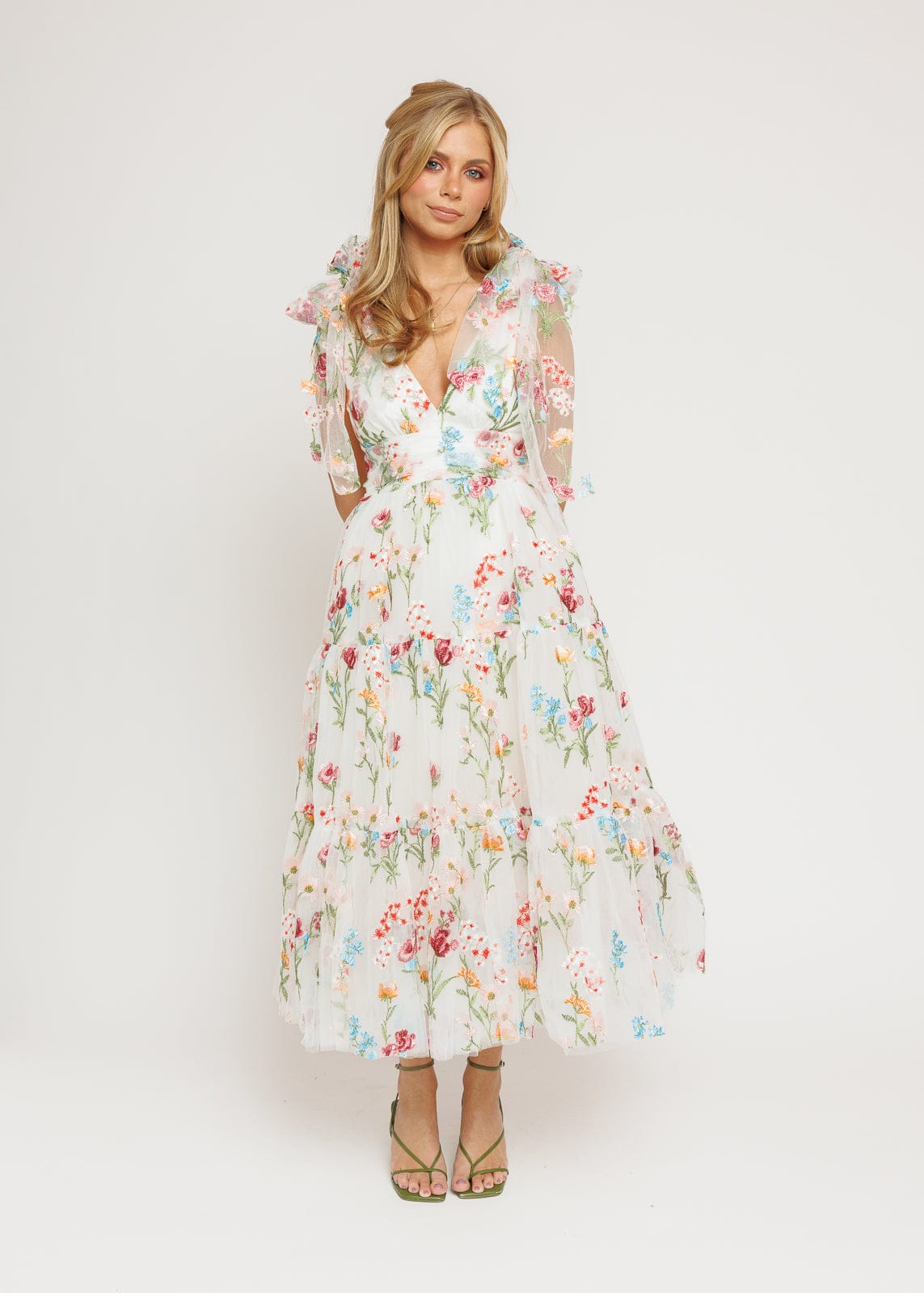 Margaret Floral Midi Dress | White Floral Embroidered