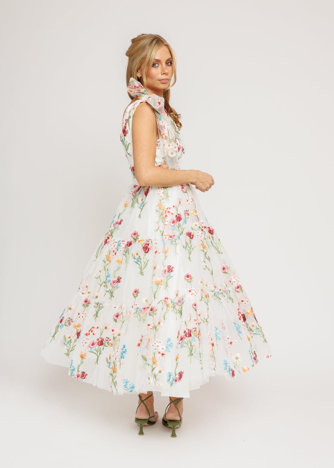 Margaret Floral Midi Dress | White Floral Embroidered