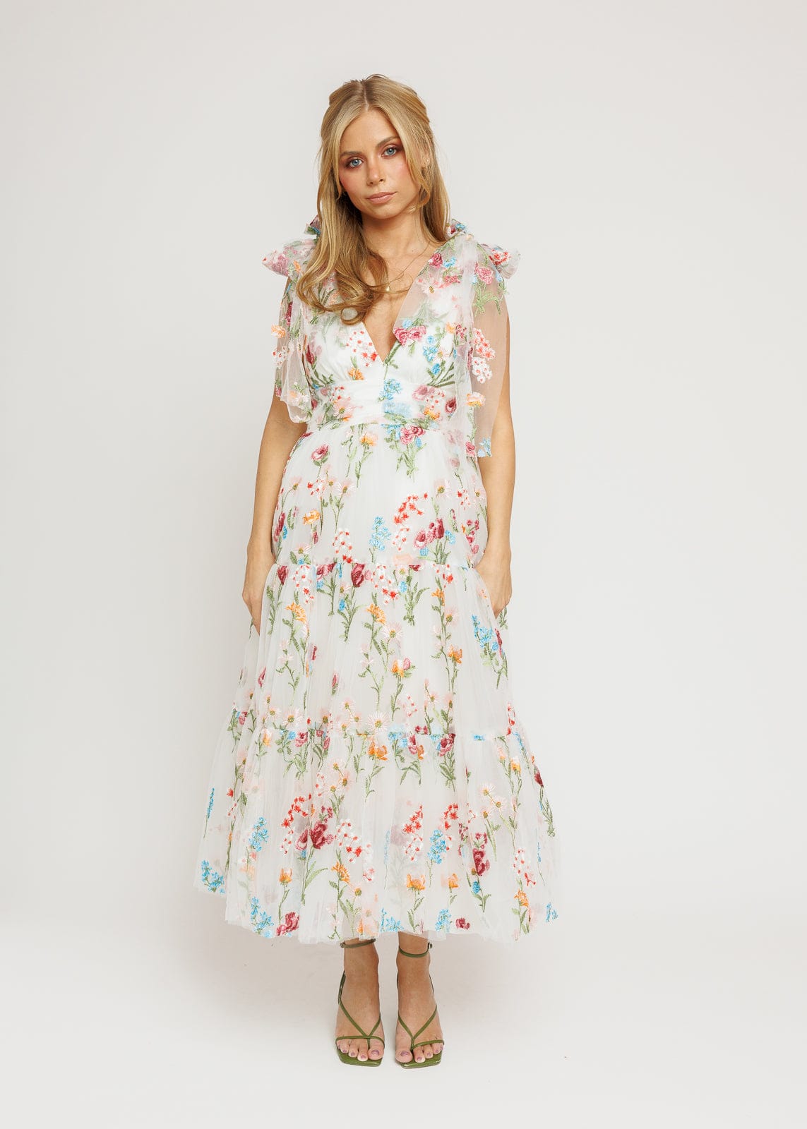 Margaret Floral Midi Dress | White Floral Embroidered
