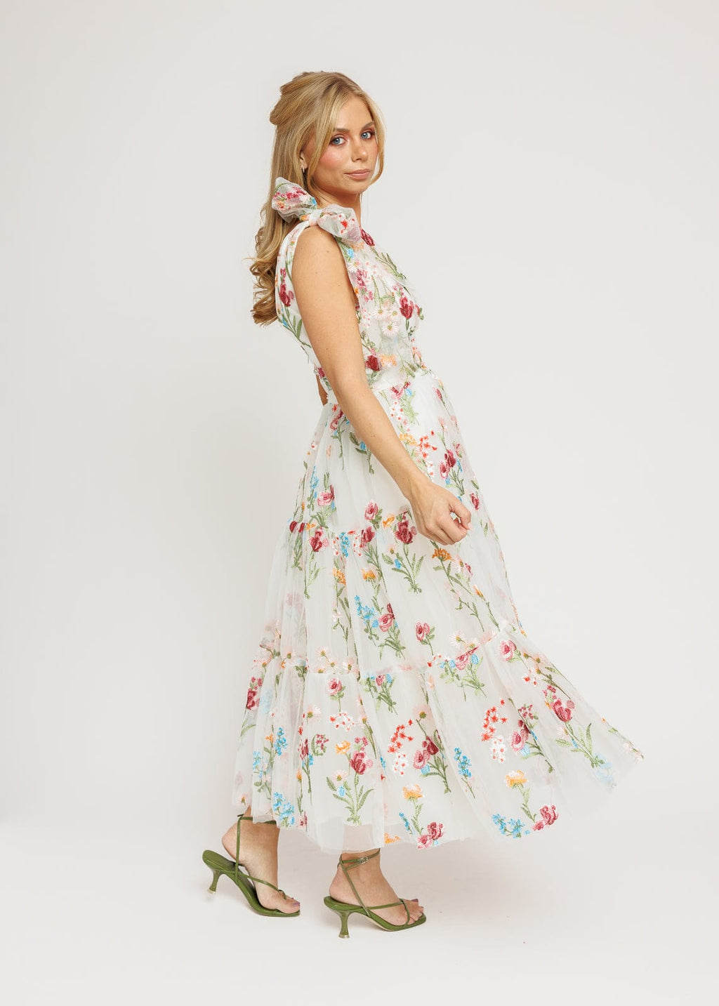 Margaret Floral Midi Dress | White Floral Embroidered