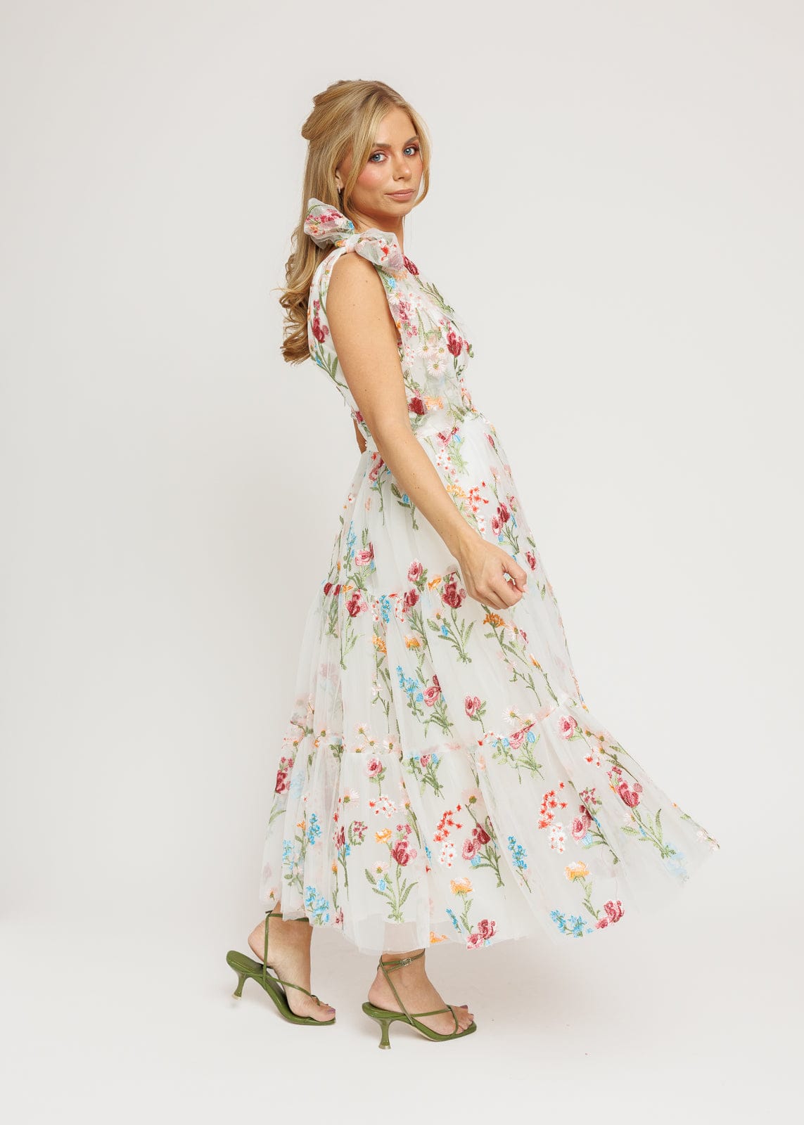 Margaret Floral Midi Dress | White Floral Embroidered